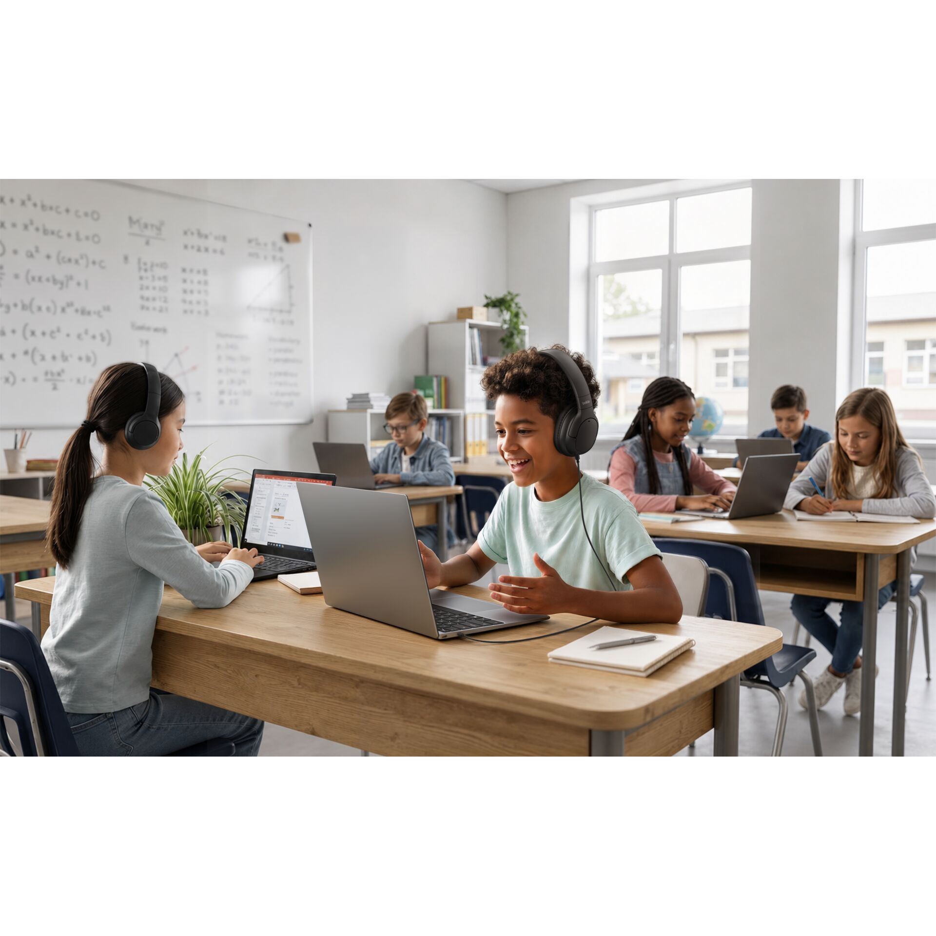 classroom, students, laptops, kopfhörer, tische