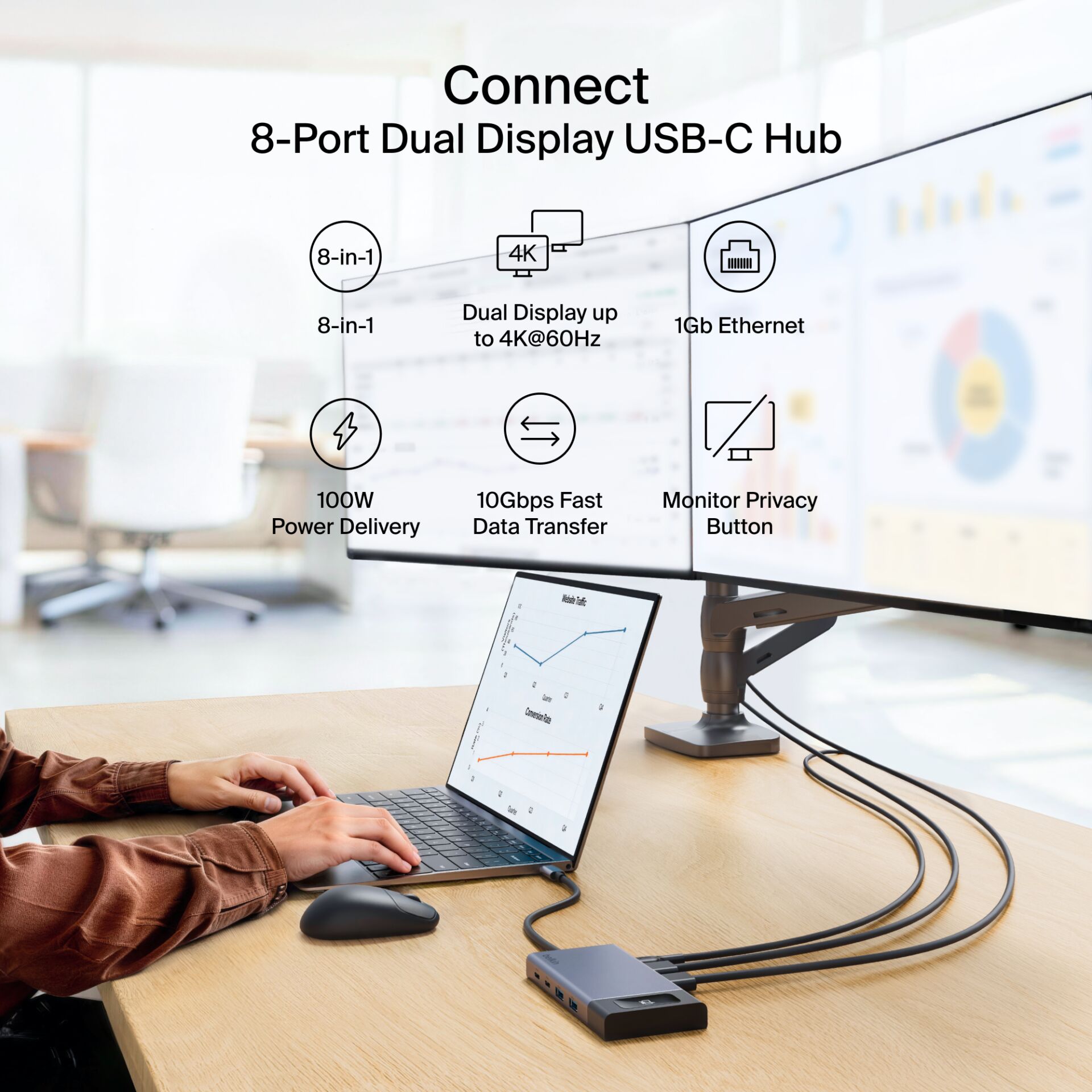 USB-C Hub, 8-Port Hub, Dual Display, 4K, Ethernet