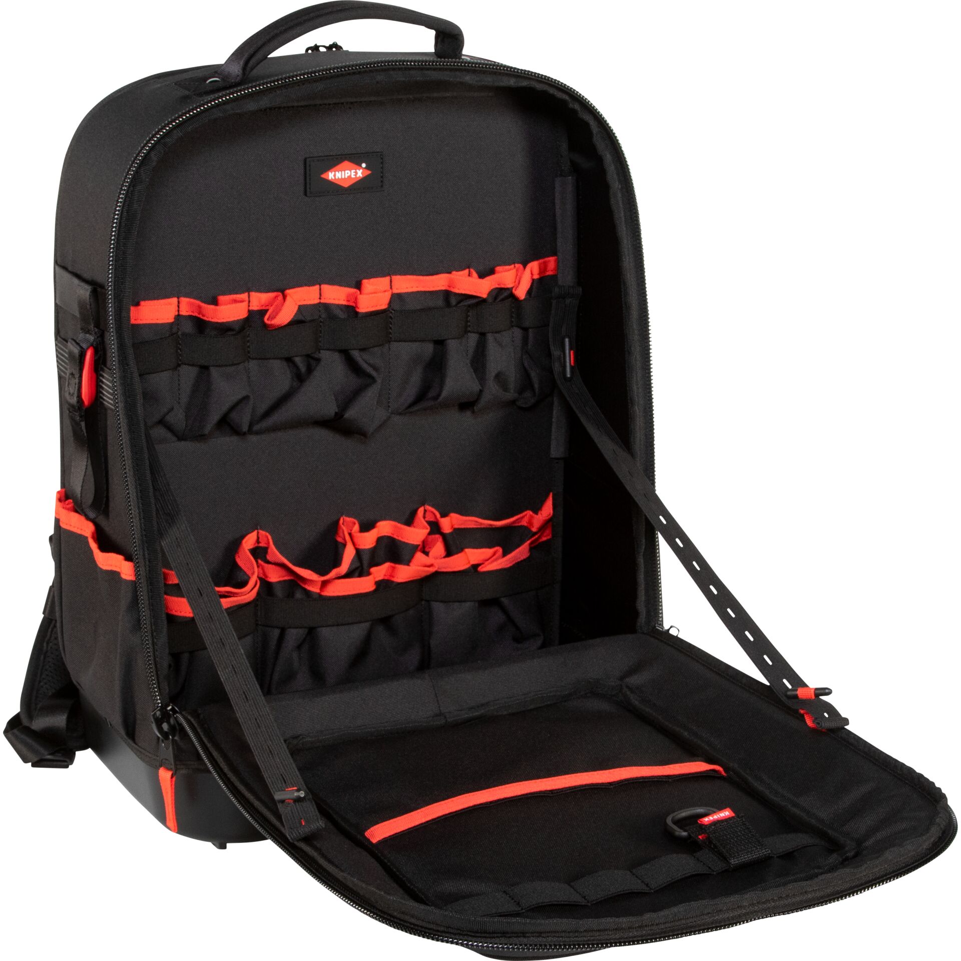 Rucksack, Organizer, Werkzeugtasche, Rote Akzente, Halterungen