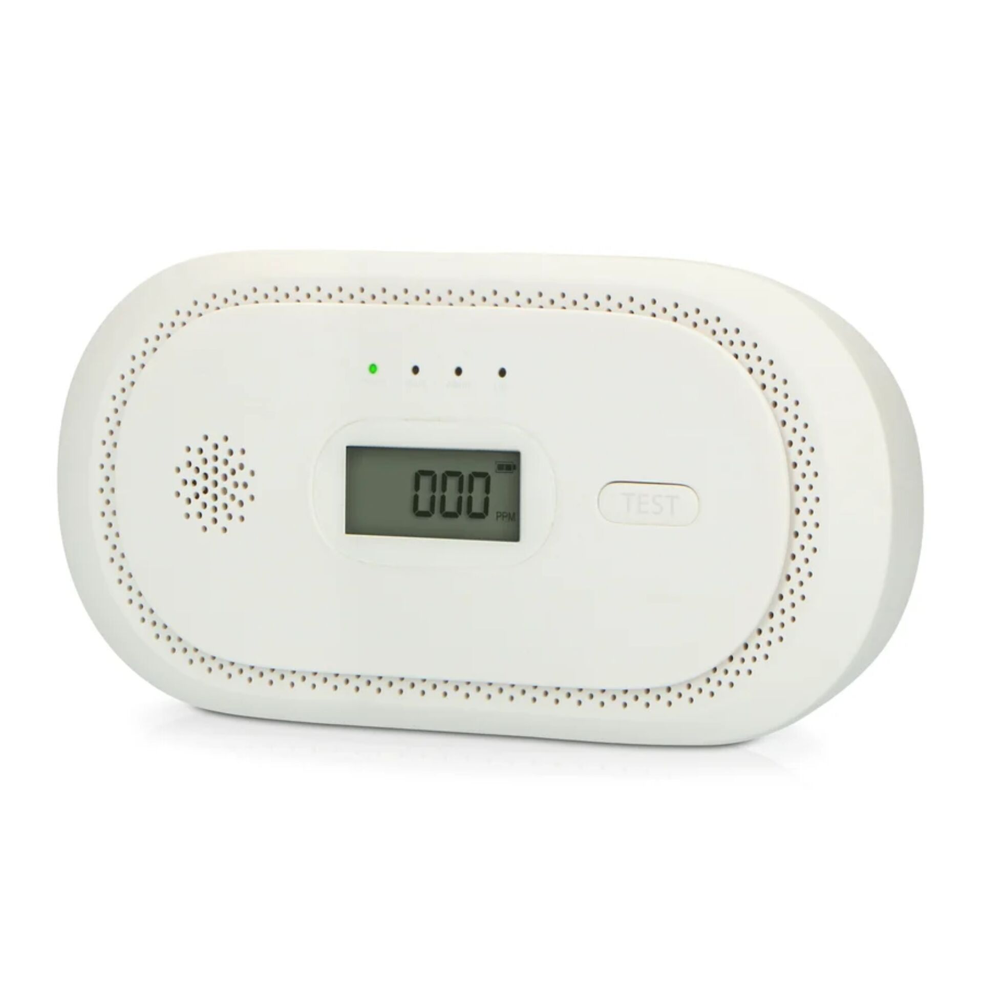 Gasmelder, digitales Display, weißes Gerät, Perimeter-Sensor, Testknopf