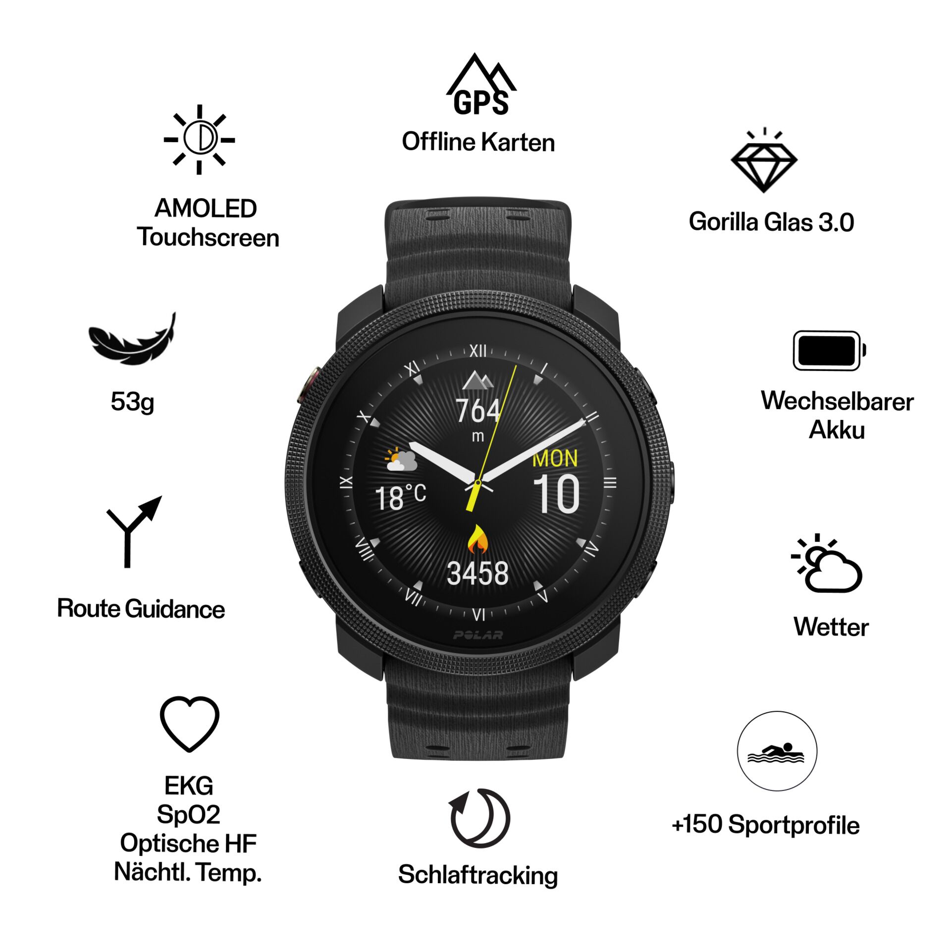 Smartwatch, AMOLED, Gorilla Glas 3.0, Wechselbarer Akku, Schlaftracking