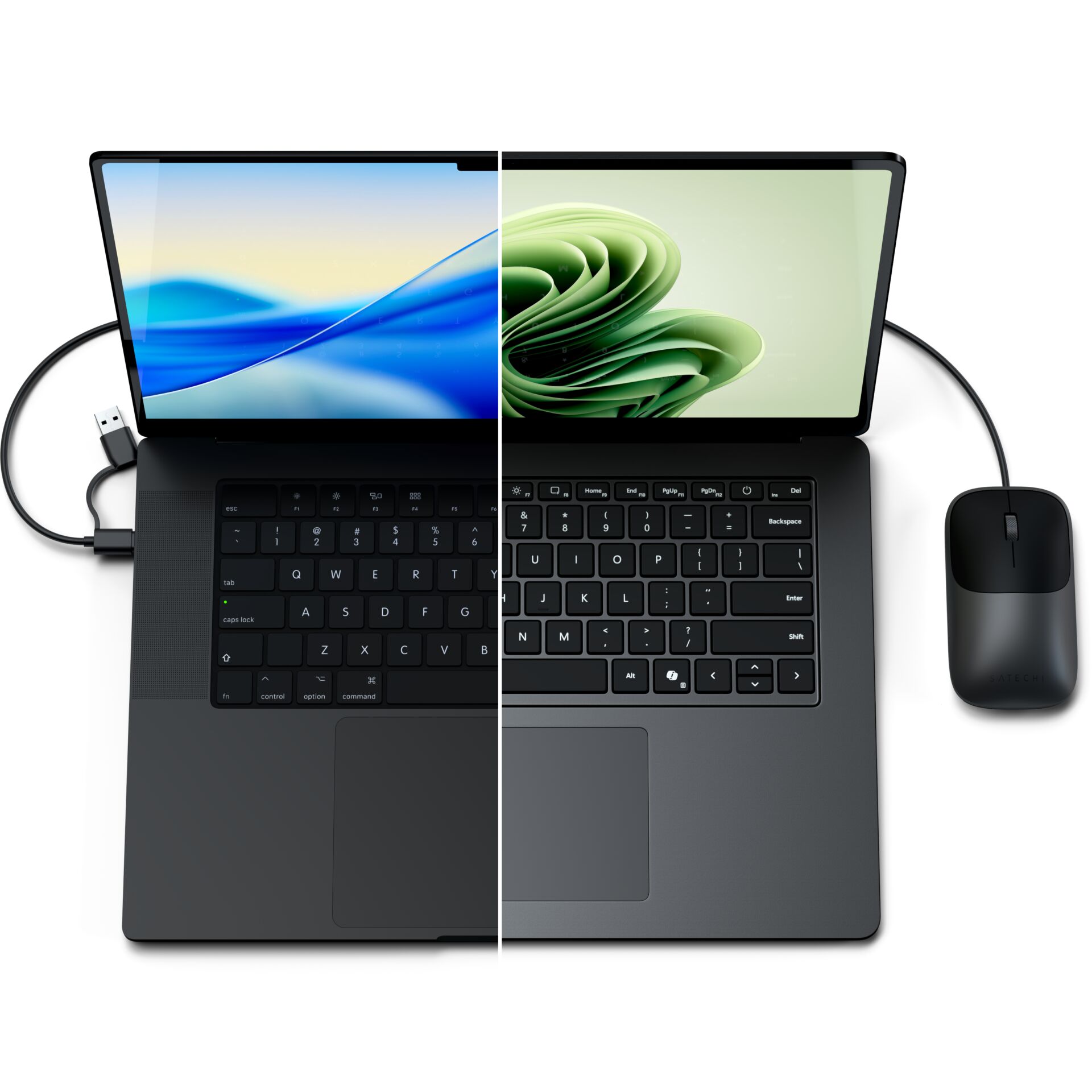 laptop, split screen, USB, Maus, Grau