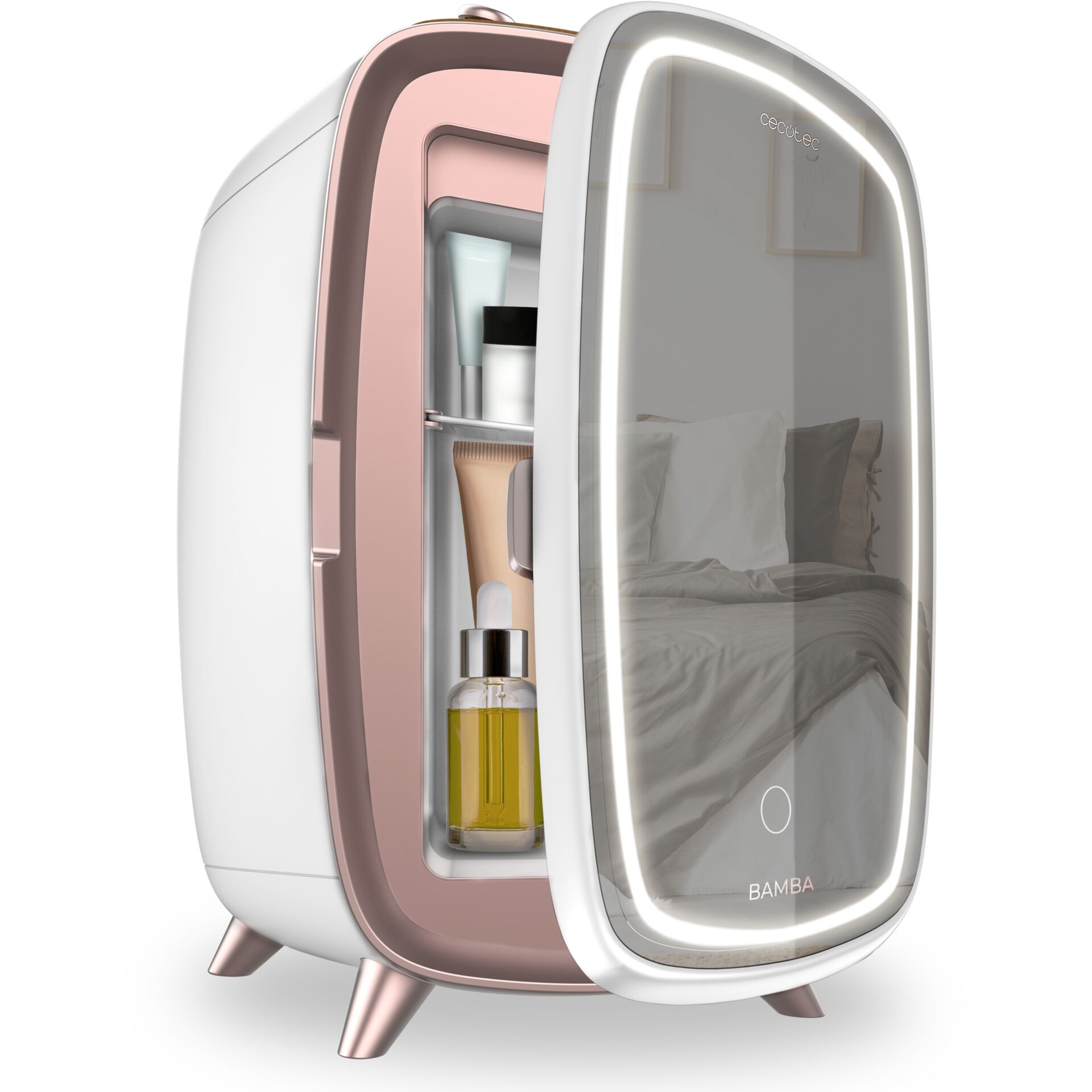 Mini-Kühlschrank, Schminkspiegel, LED-Beleuchtung, Rosagold, Kompaktgerät