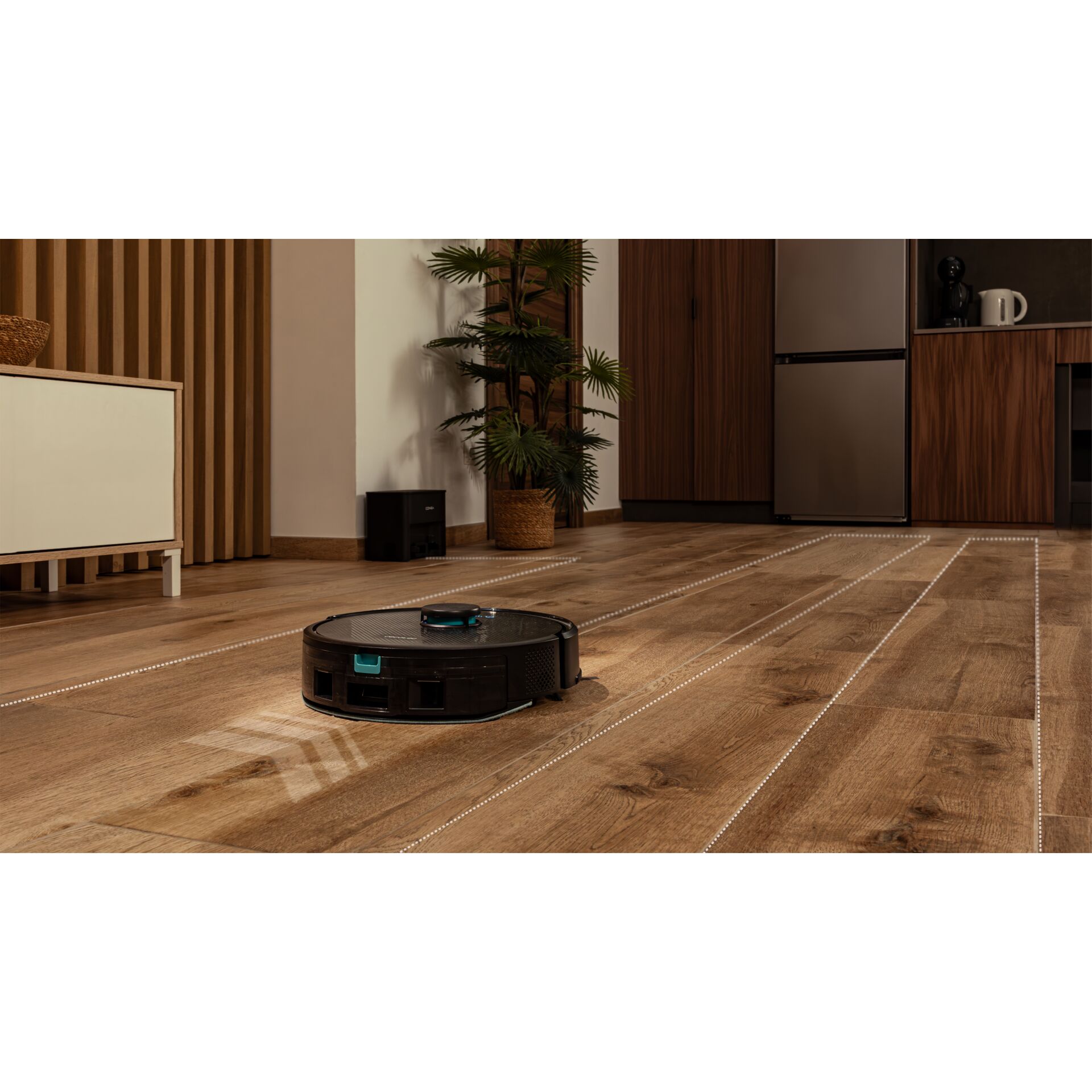 Robotik-Saugroboter, Saugroboter, Haushaltsgerät, Holzboden, Wohnzimmer