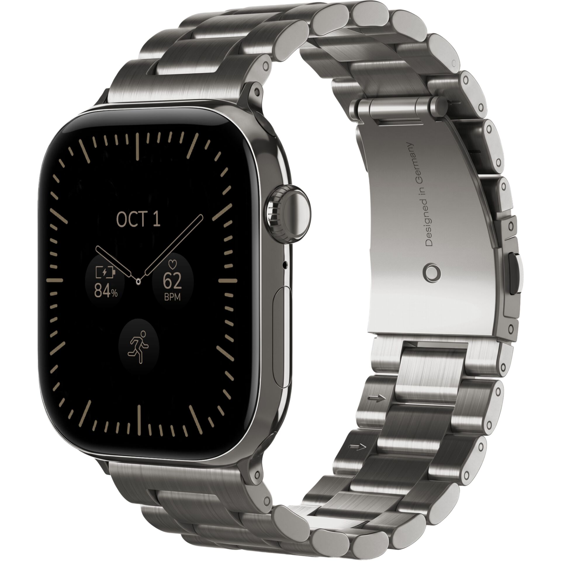 Smartwatch, Edelstahlarmband, schwarzes Display, rechteckiges Zifferblatt, Fitness-Tracker