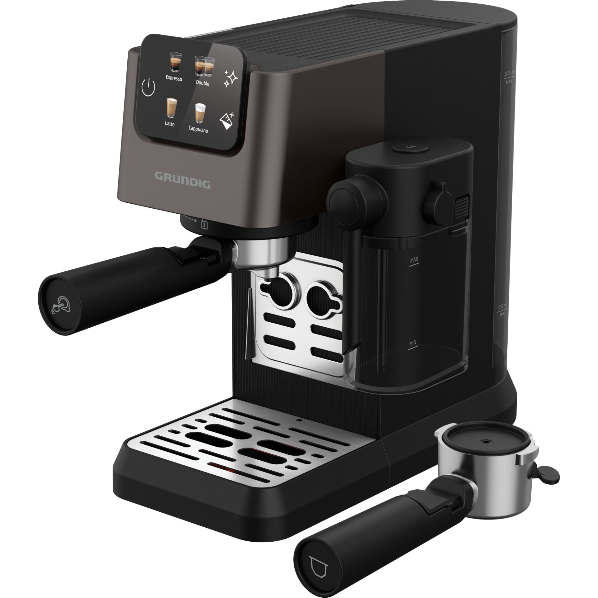Espresso-Maschine, Kaffeemaschine, Mahlwerk, Portafilter, Milchschaum