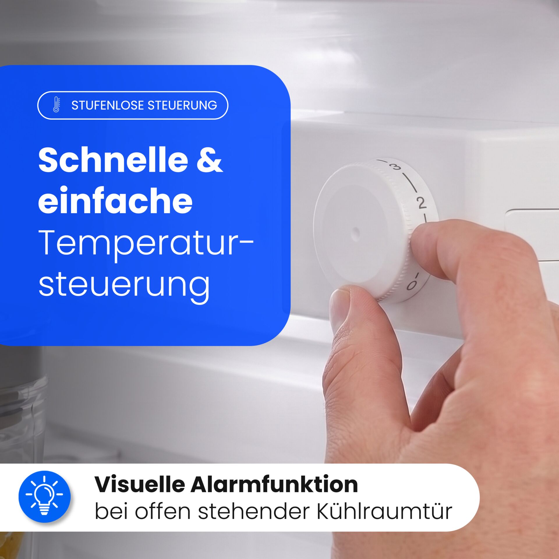 Kühlschrank, Temperaturregler, Drehknopf, stufenlose Steuerung, weißer Kunststoff