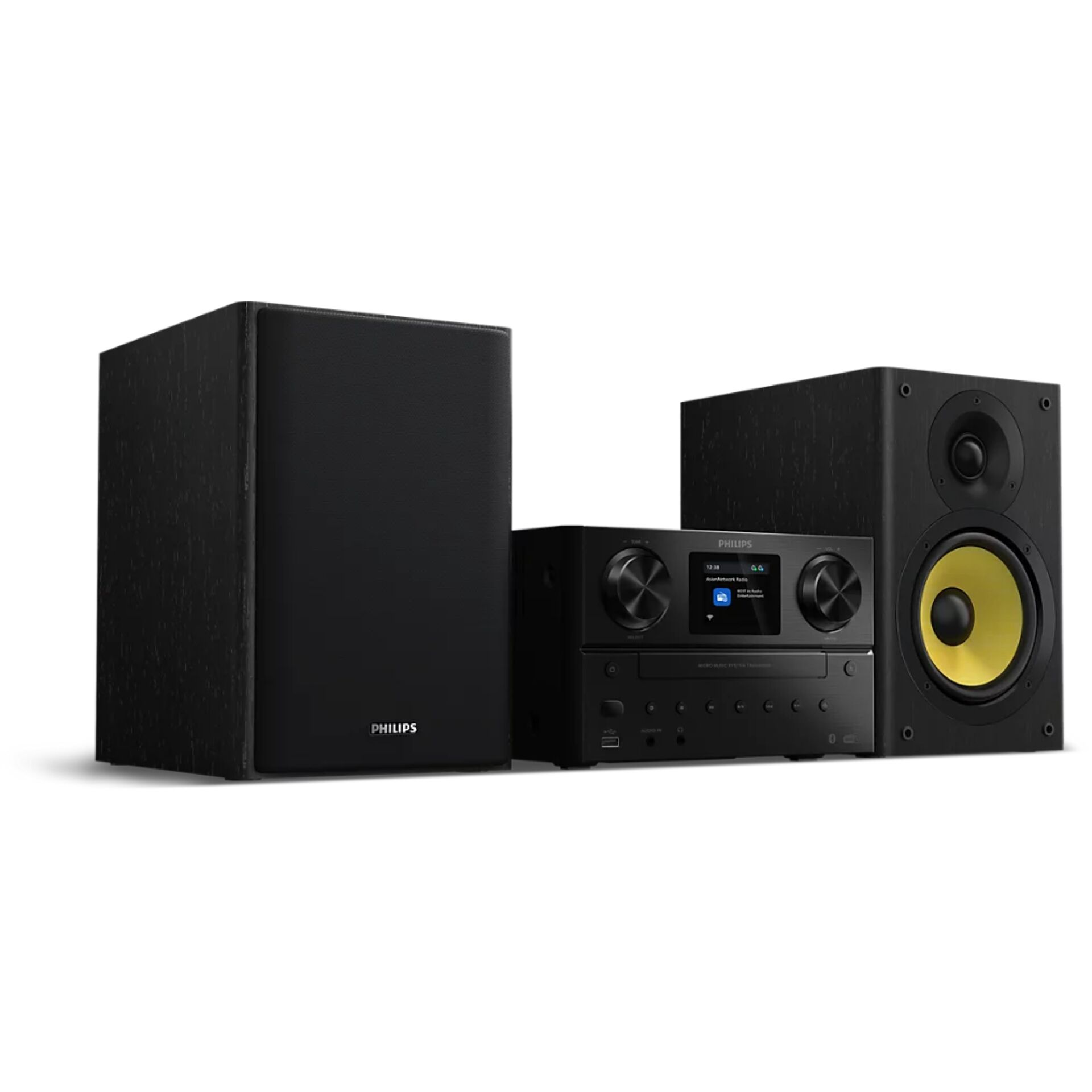 Stereoanlage, Kompaktanlage, Schwarze Lautsprecher, Gelbe Tieftöner, CD-Player