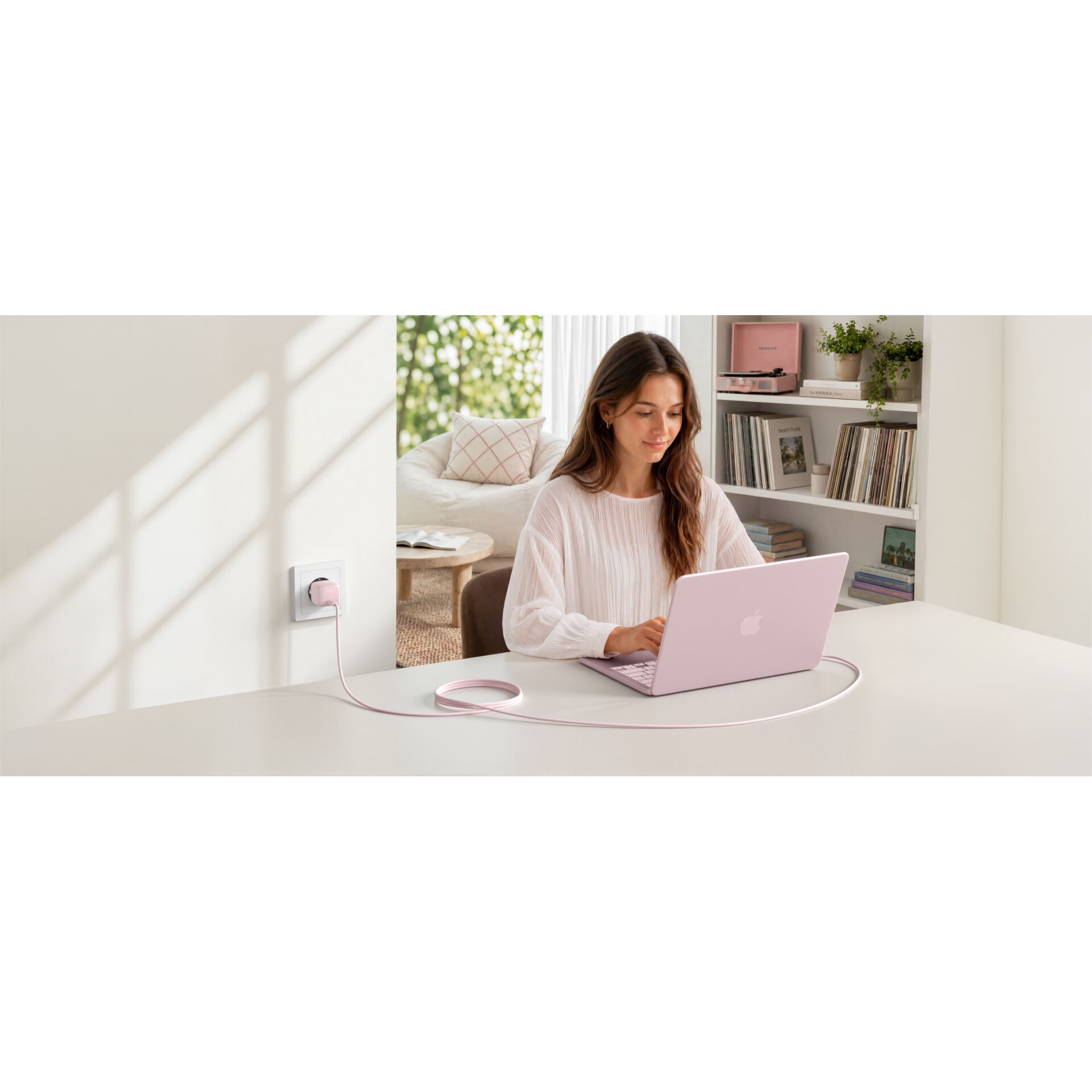 Laptop, Pink, Laptop sleeve, Power adaptor, Home office