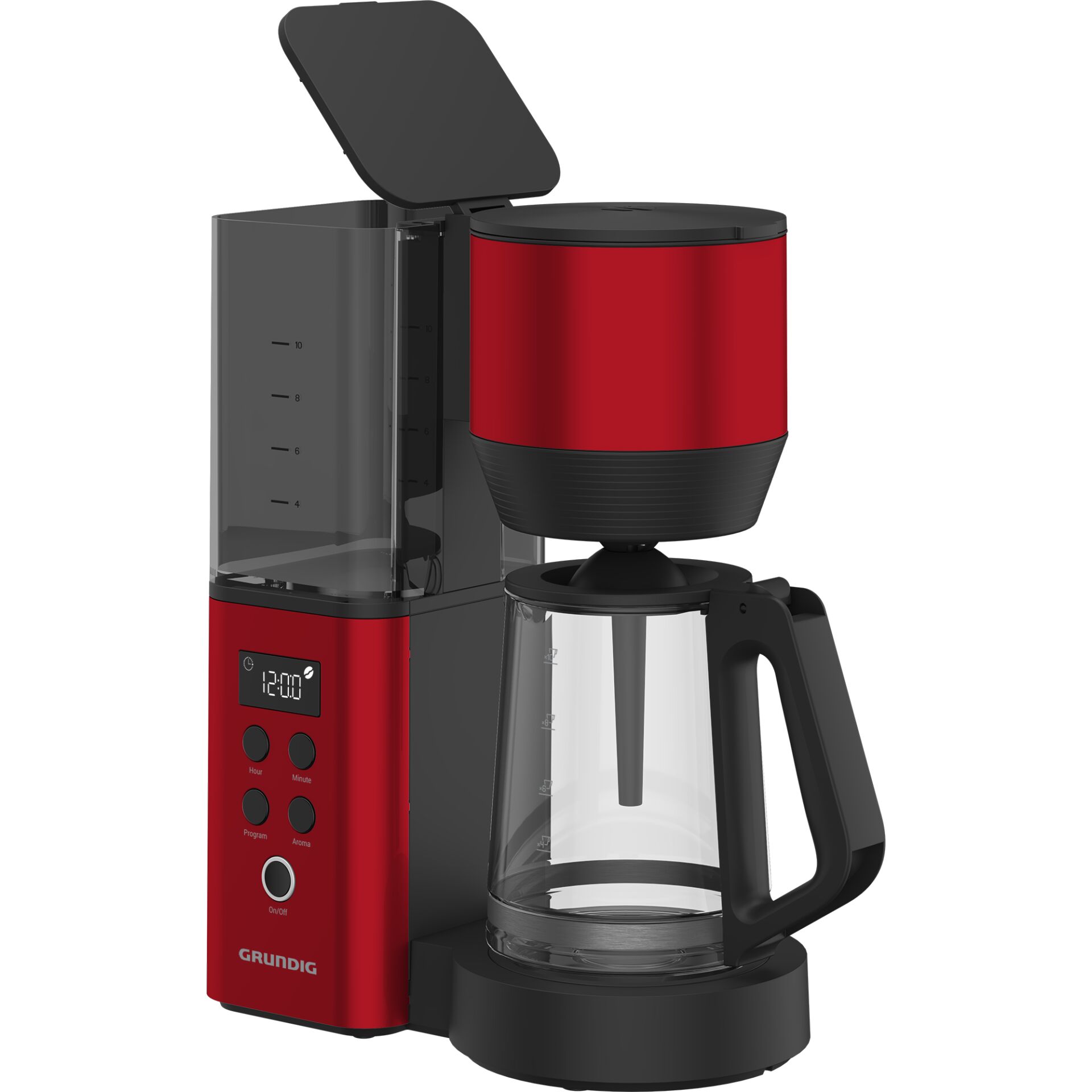 Kaffeemaschine, Filterkaffee, Glasbehälter, Rot-schwarz, Digitale Anzeige
