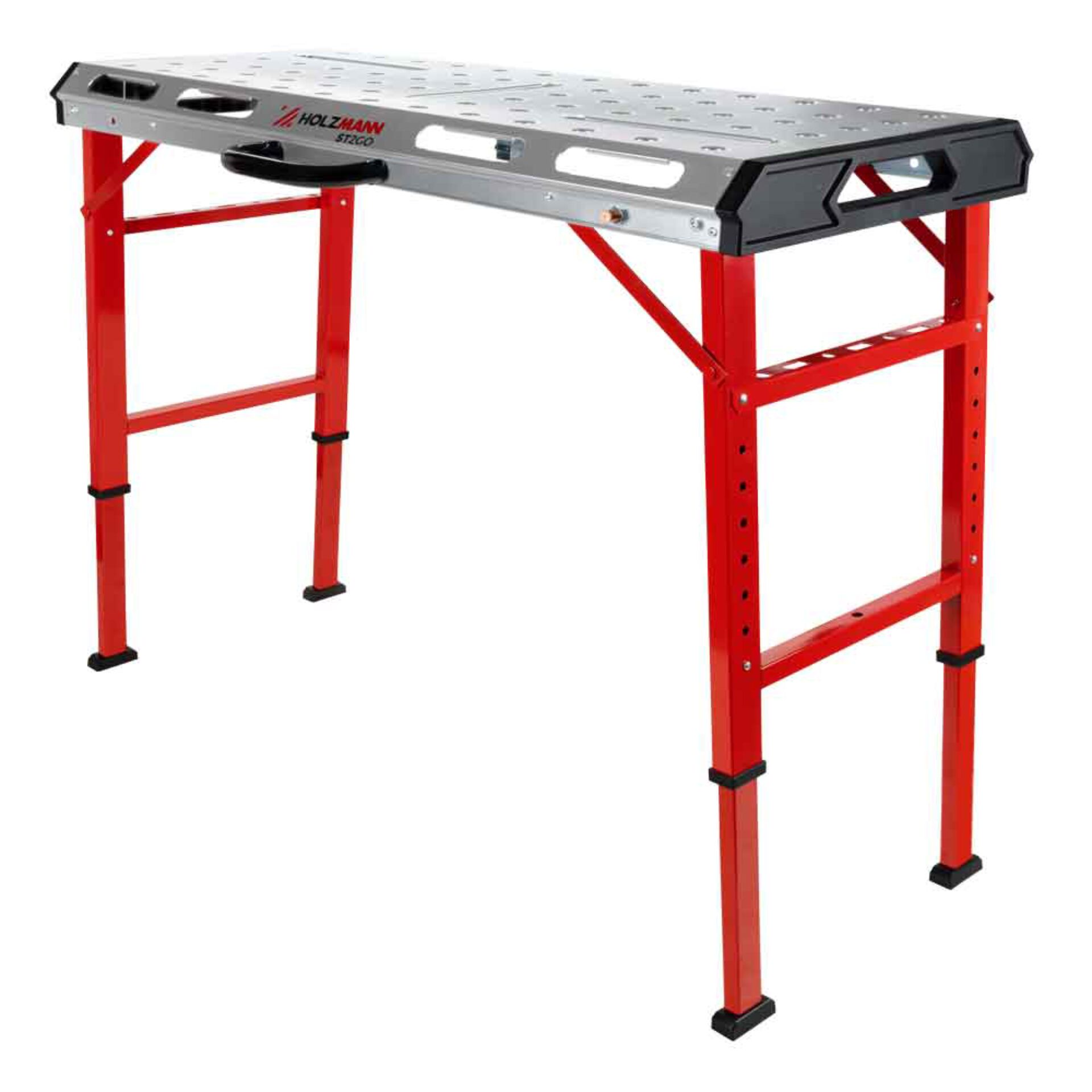 Werkbank, Metallarbeitsplatte, Lochplatte, höhenverstellbar, rotes Gestell