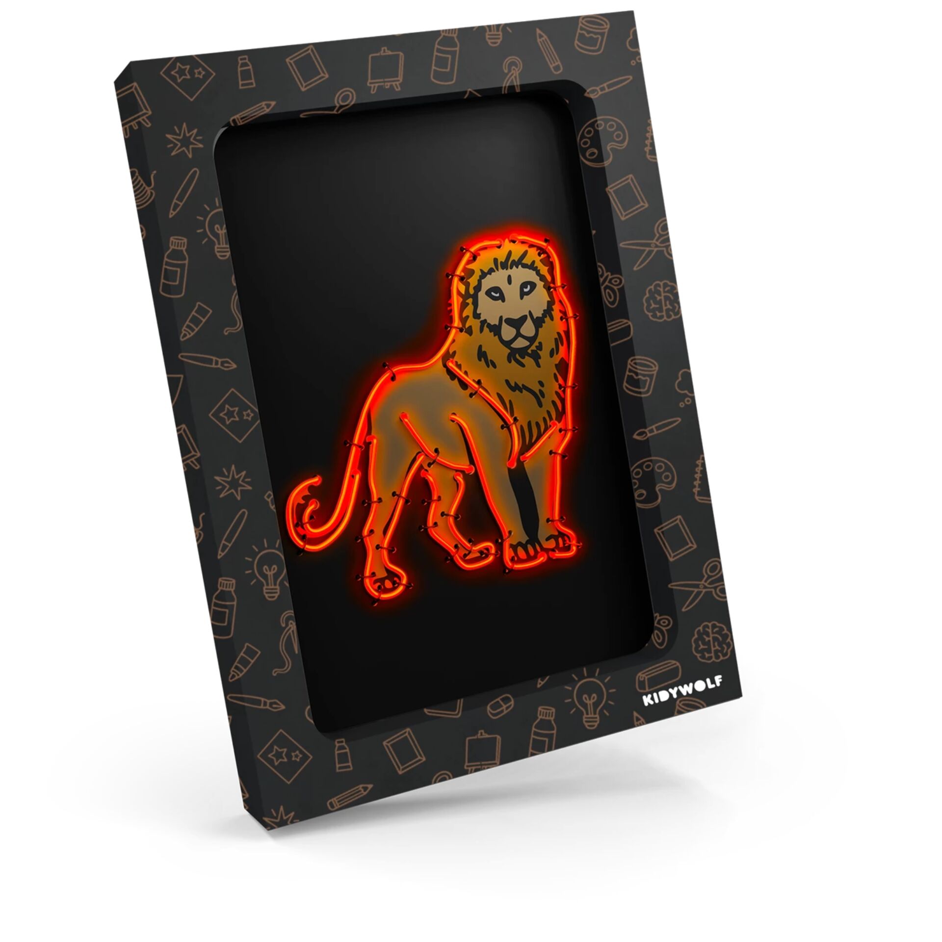 neon-löwe, Löwen-Illustration, roter Leuchtstil, beleuchtete Wanddekoration, Kinderkunst