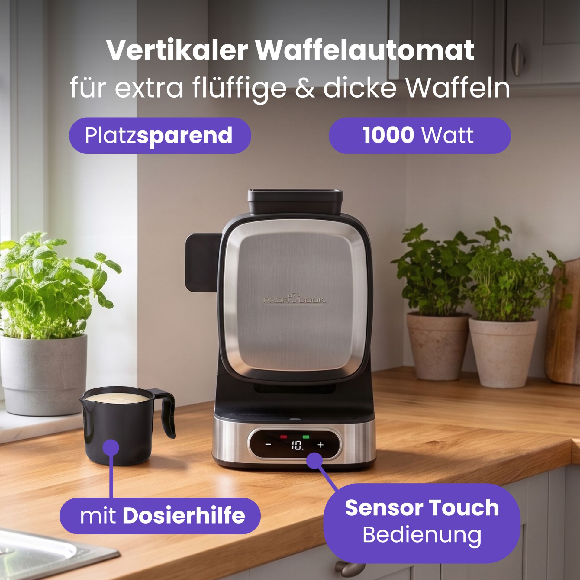 Vertikales Waffeleisen, Edelstahl, Schwarz, Sensor-Touch-Bedienung, 1000 Watt