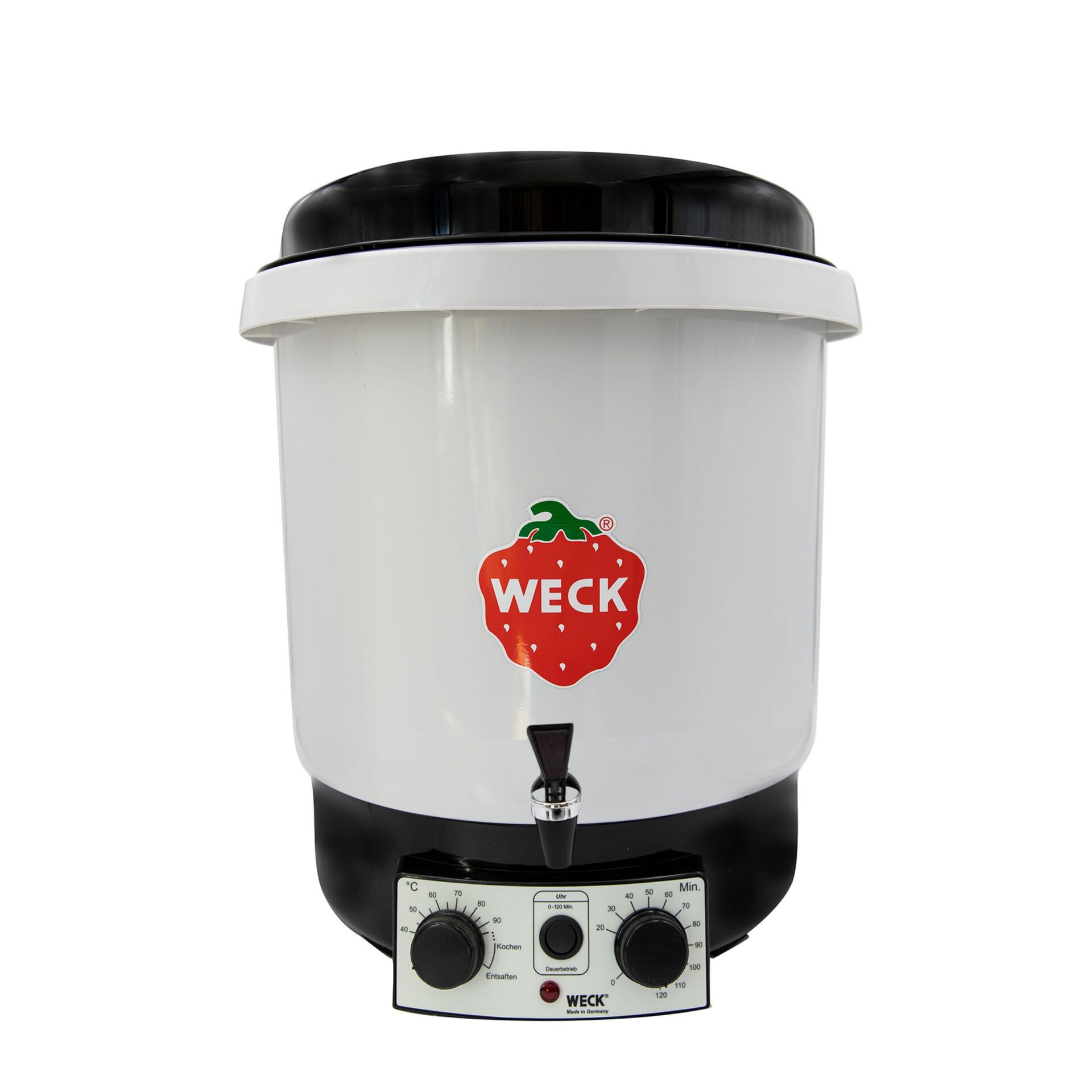 Waffelautomat, Erdbeeren-Logo, elektrischer Warmhalter, weißer Gehäuse, schwarzer Deckel