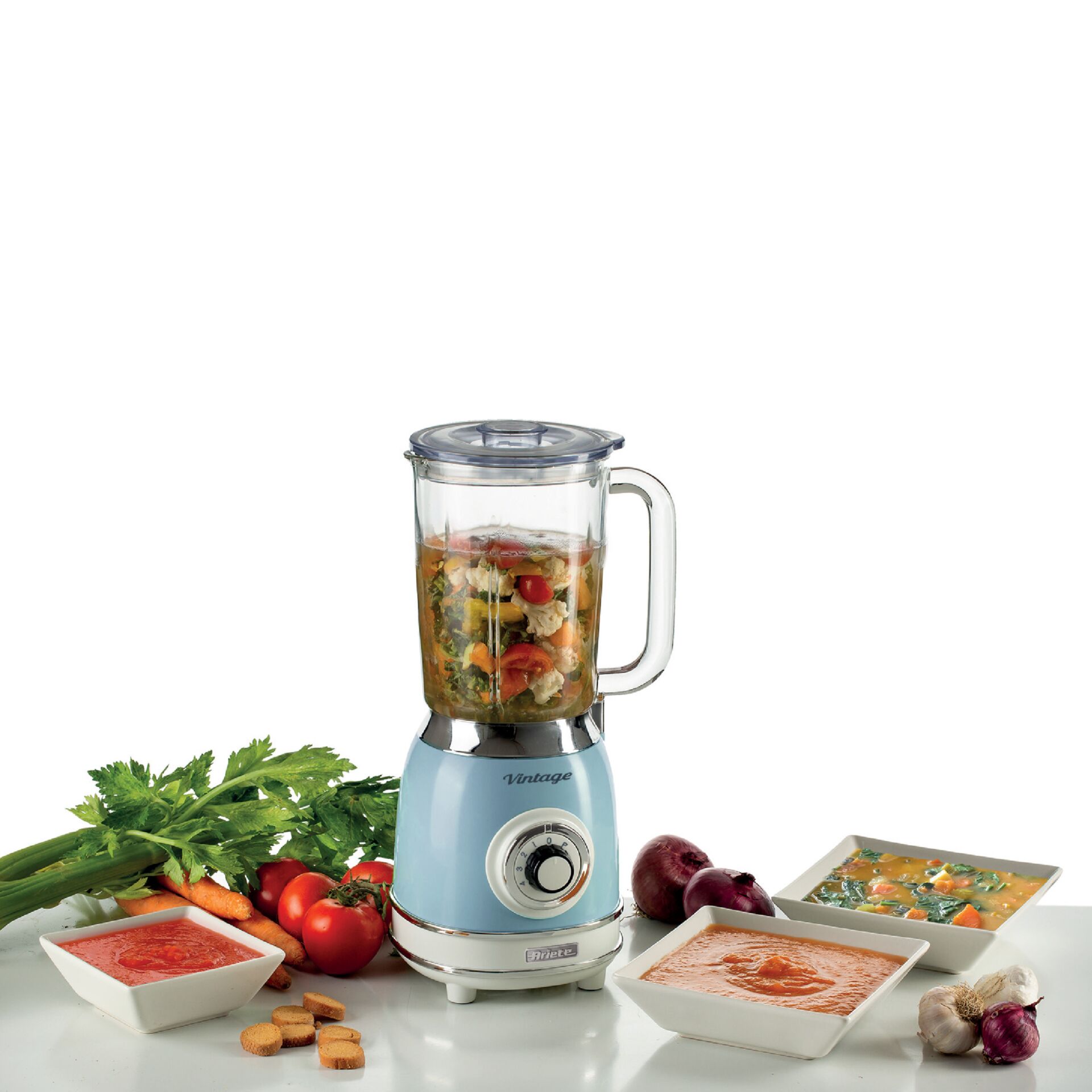 Mixer, Küchengerät, Glas-Gewürzkanne, blaue Basis, Gemüsesuppe