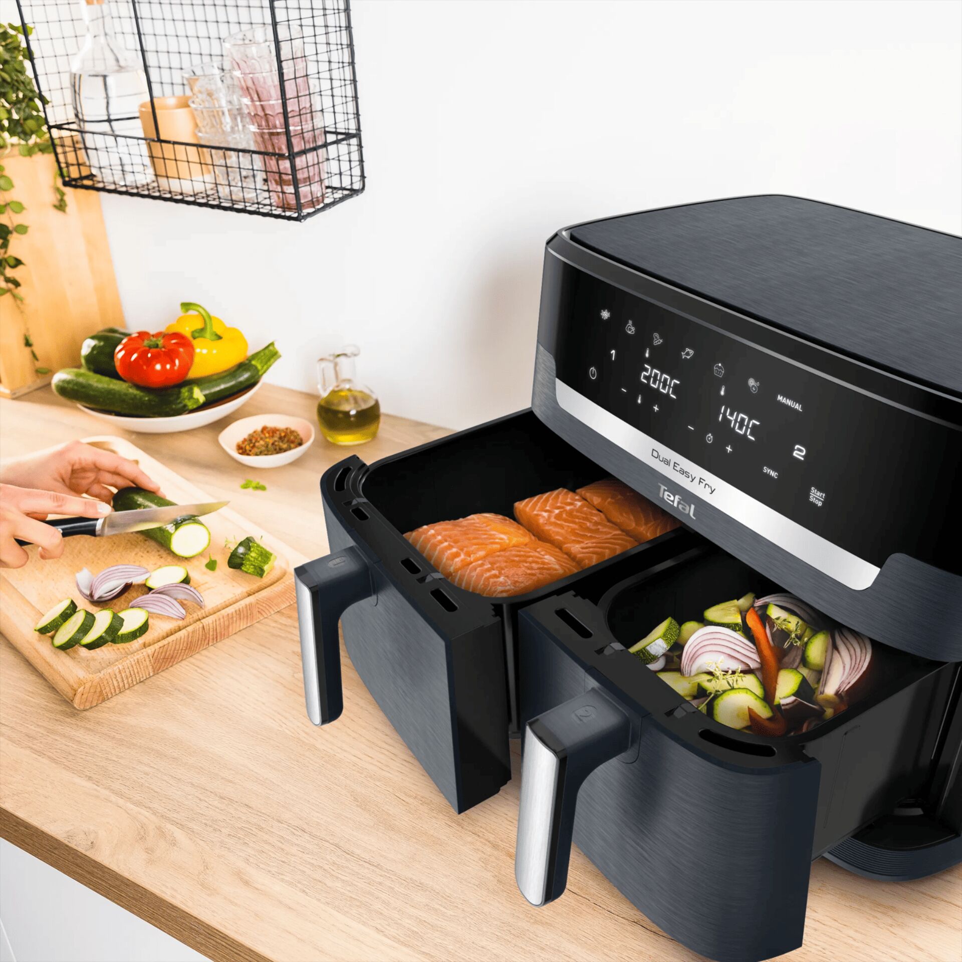 Heißluftfritteuse, Doppelkammer, Digitaldisplay, Schwarz, Zwei Frittierkörbe