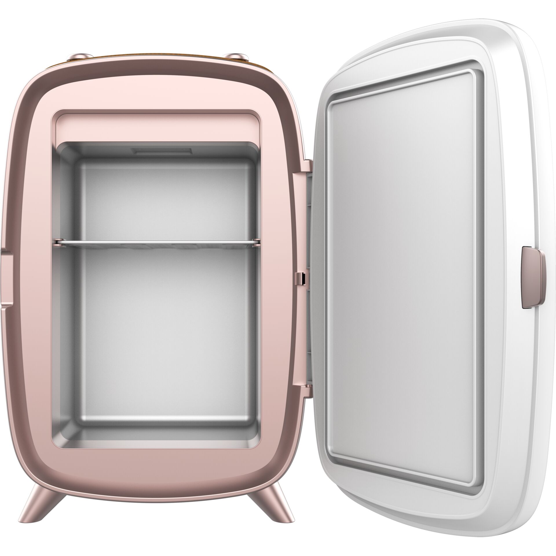 Kleiner Kühlschrank, Schmales Design, Rosa Farbe, Schubladenloser Innenraum, Metallischer Look