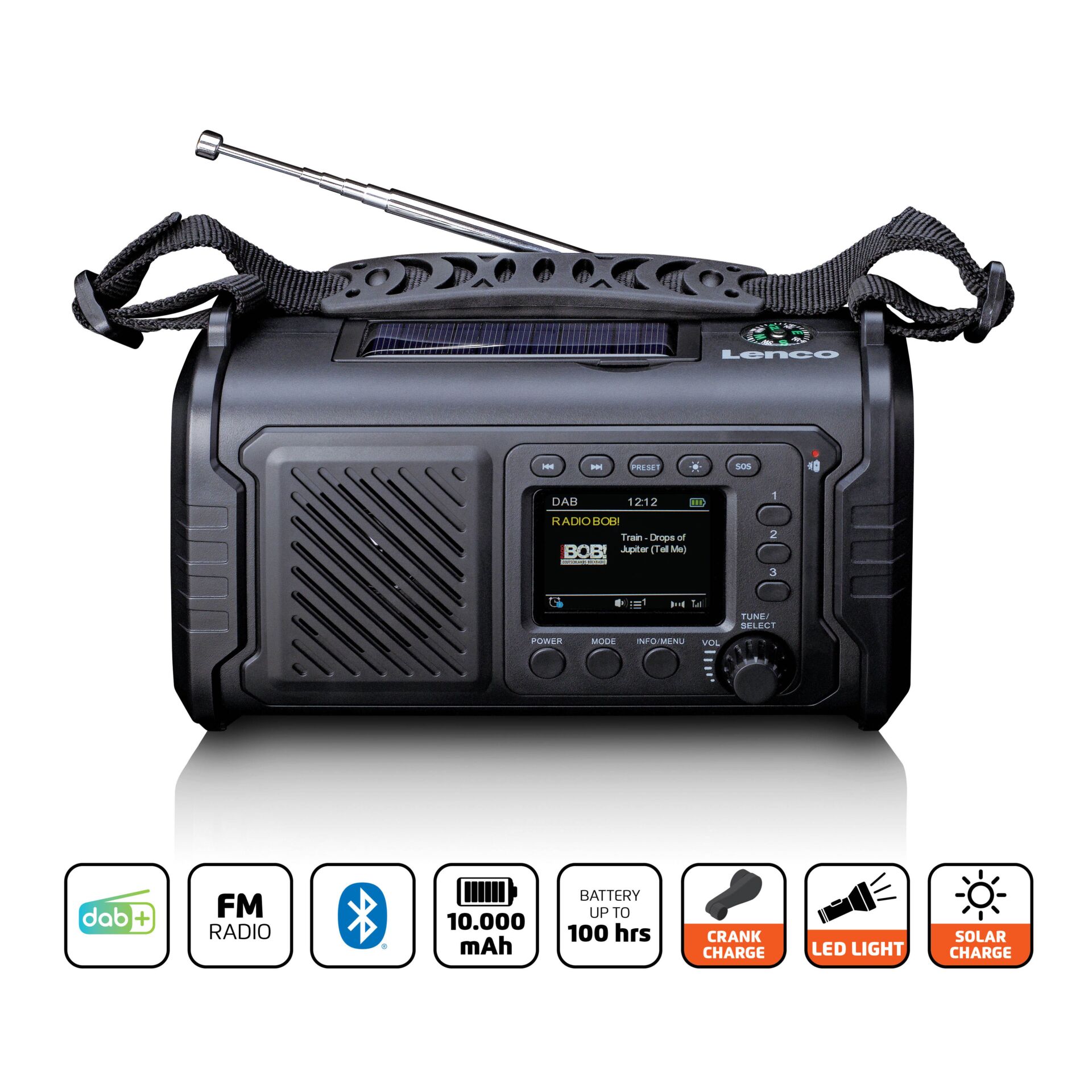 DAB-Radio, Tragbarer Radio, Solarbetrieb, LED-Beleuchtung, Batterie bis 10000 mAh