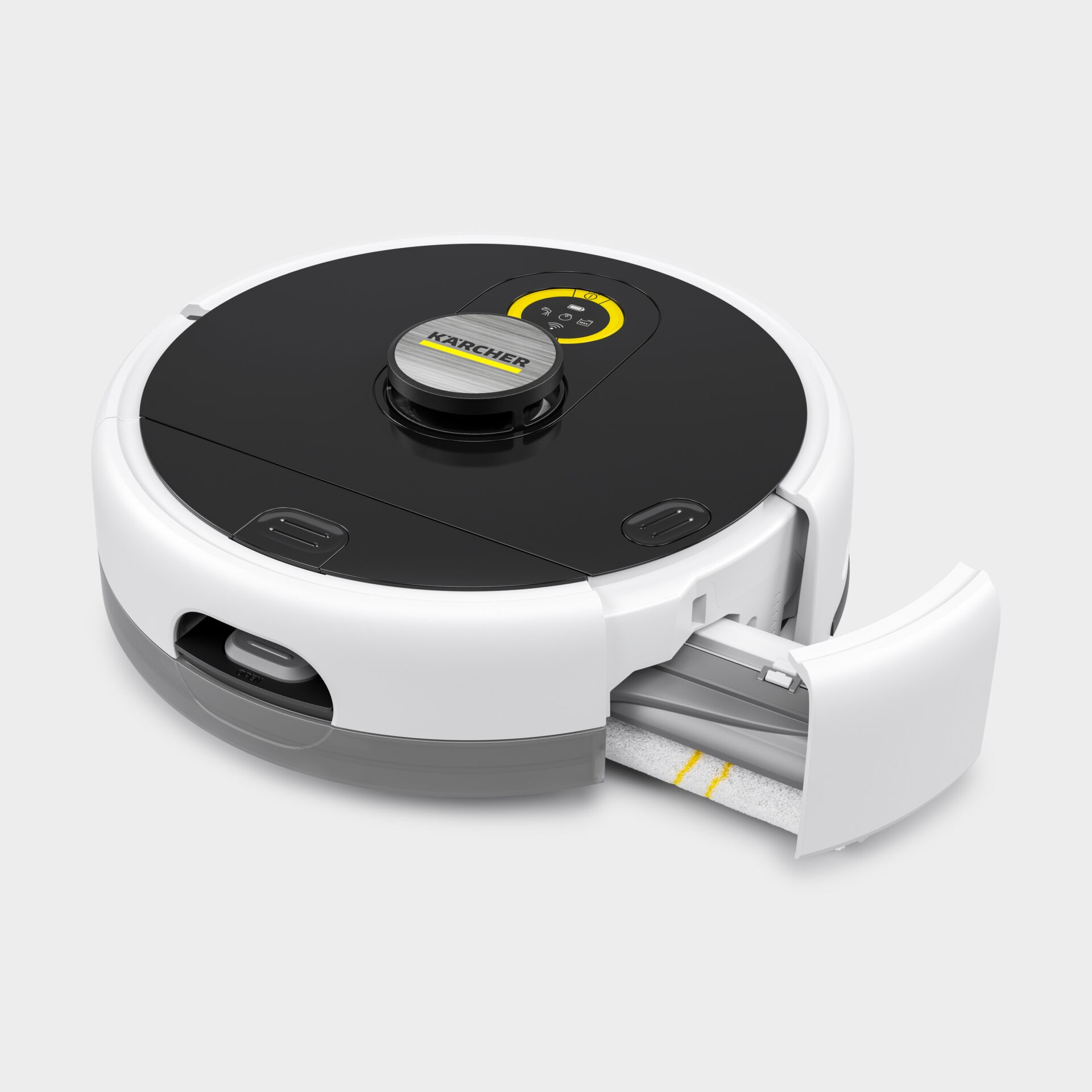 Saugroboter, Roboterstaubsauger, Ladefach, Wischmopp-Streifen, Flächenreinigung, Roboterstaubsauger, Saugroboter, Wischfunktion, Ladefläche, Schwarz-Weiß