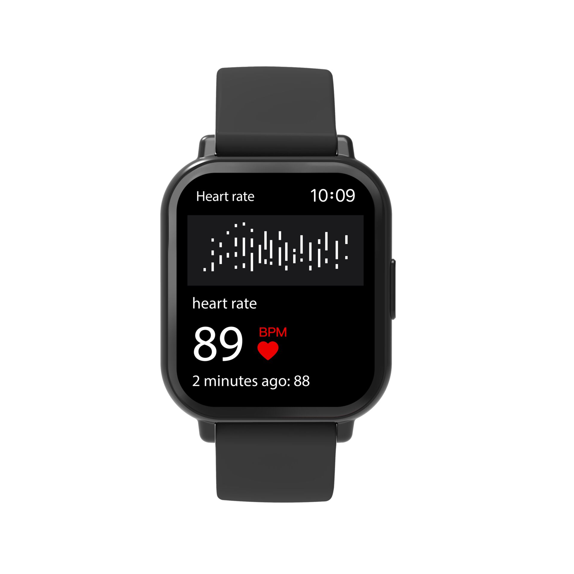 Smartwatch, Herzfrequenz, digitales Display, schwarzes Armband, rechteckiges Display
