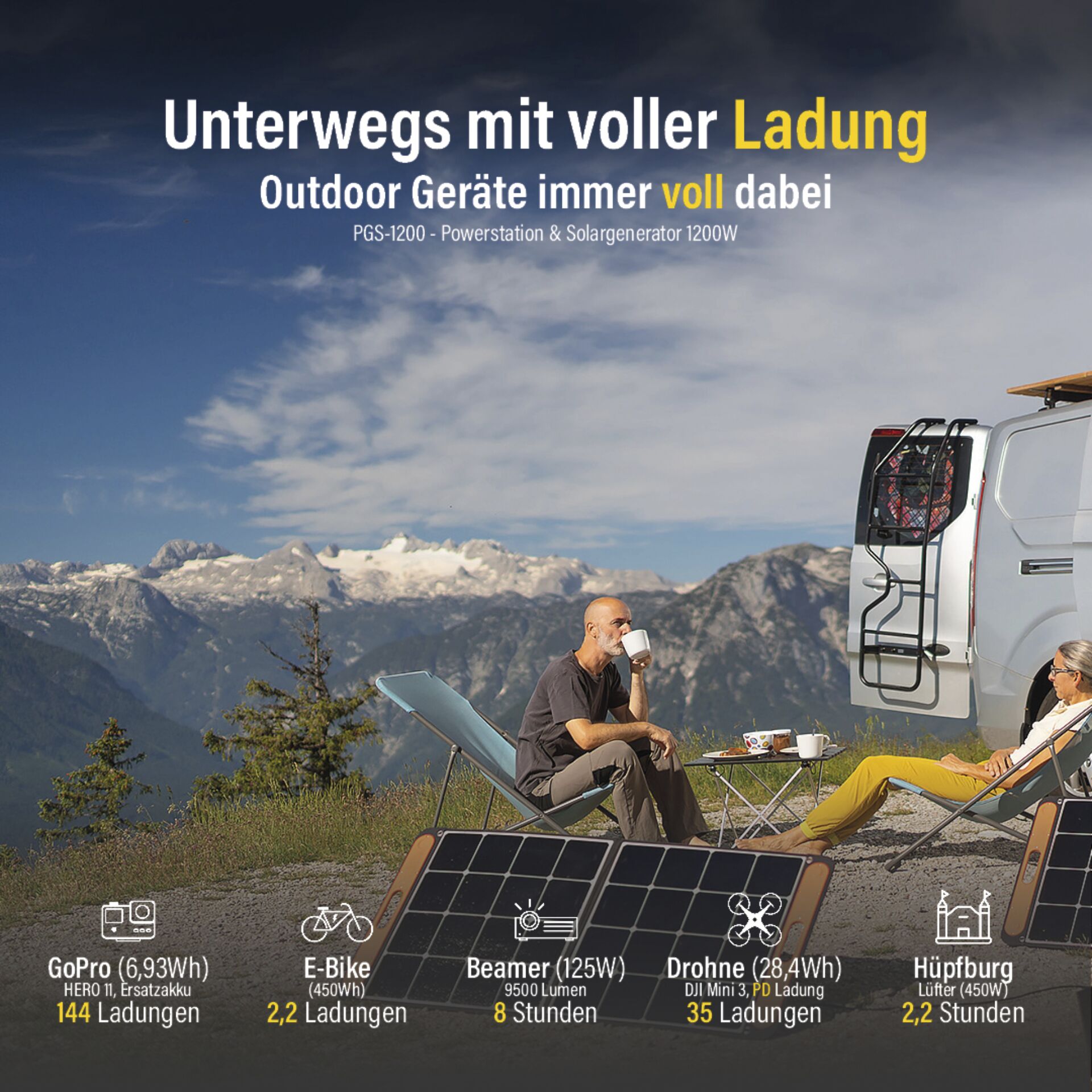 Outdoor, Solargenerator, Powerstation, Beamer (125W), Drohne Ladung