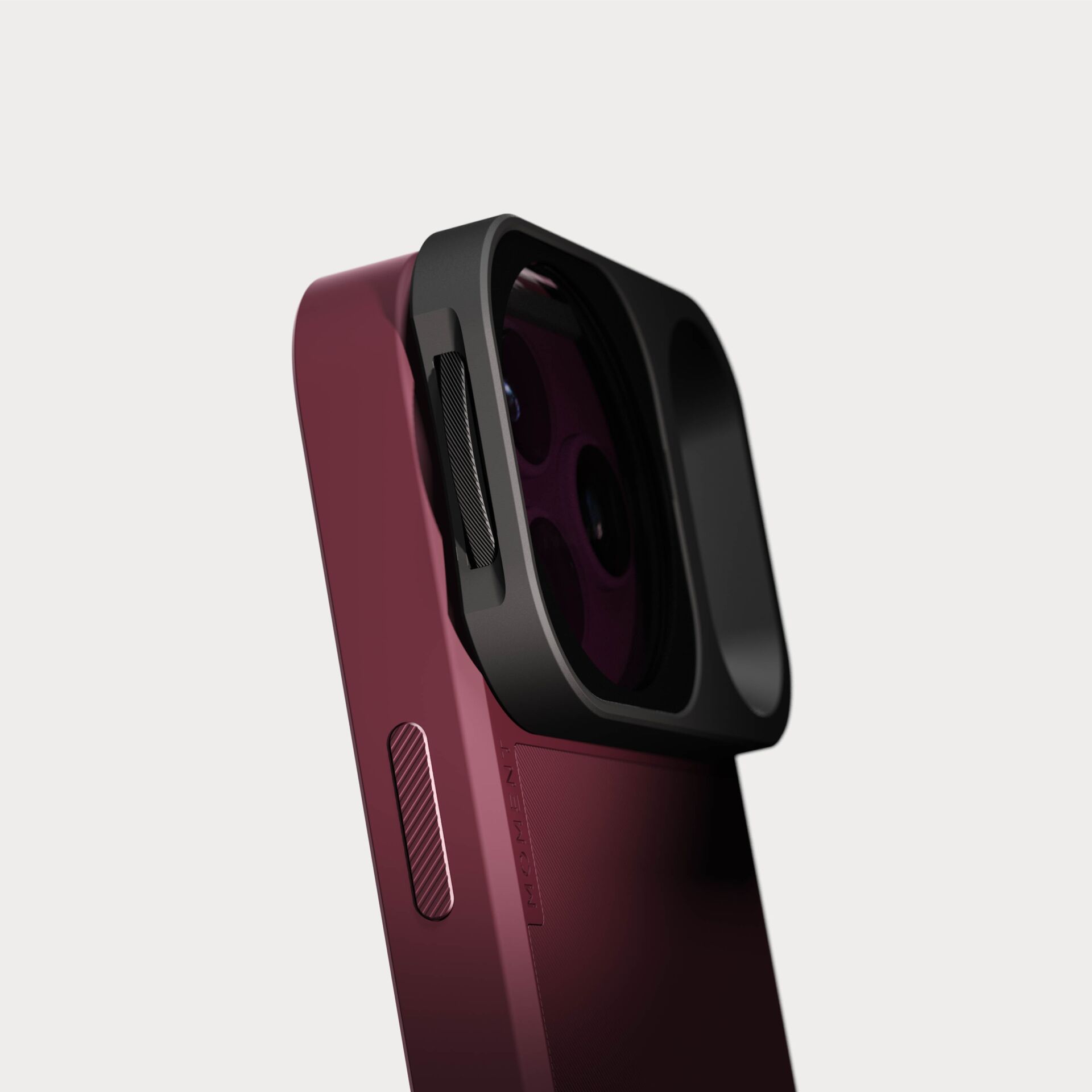 Smartphone camera, Triple-lens housing, Purple body, Slider button, Glass lens