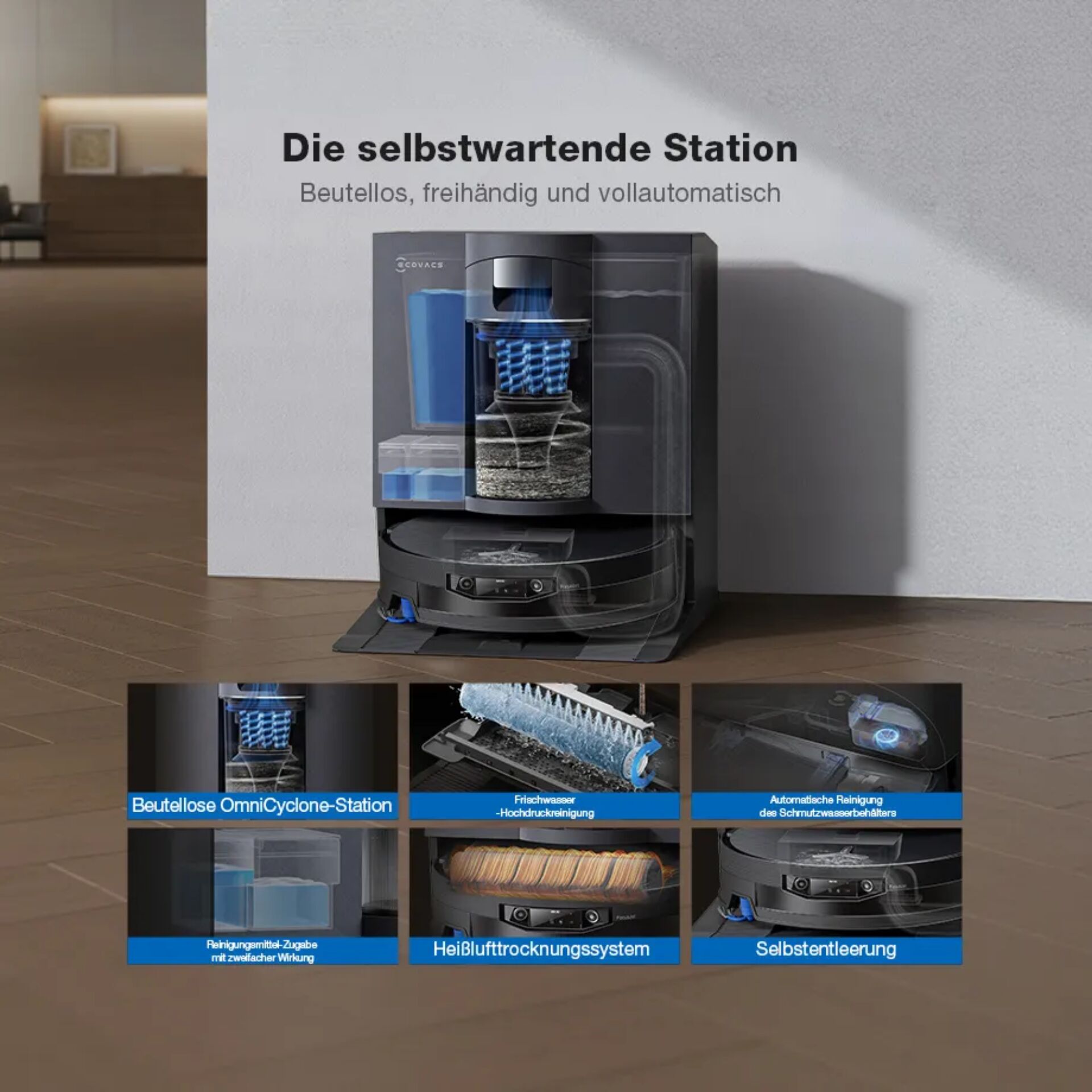 Station, Saugroboter, Beutellose, OmniCyclone, Heißlufttrocknung