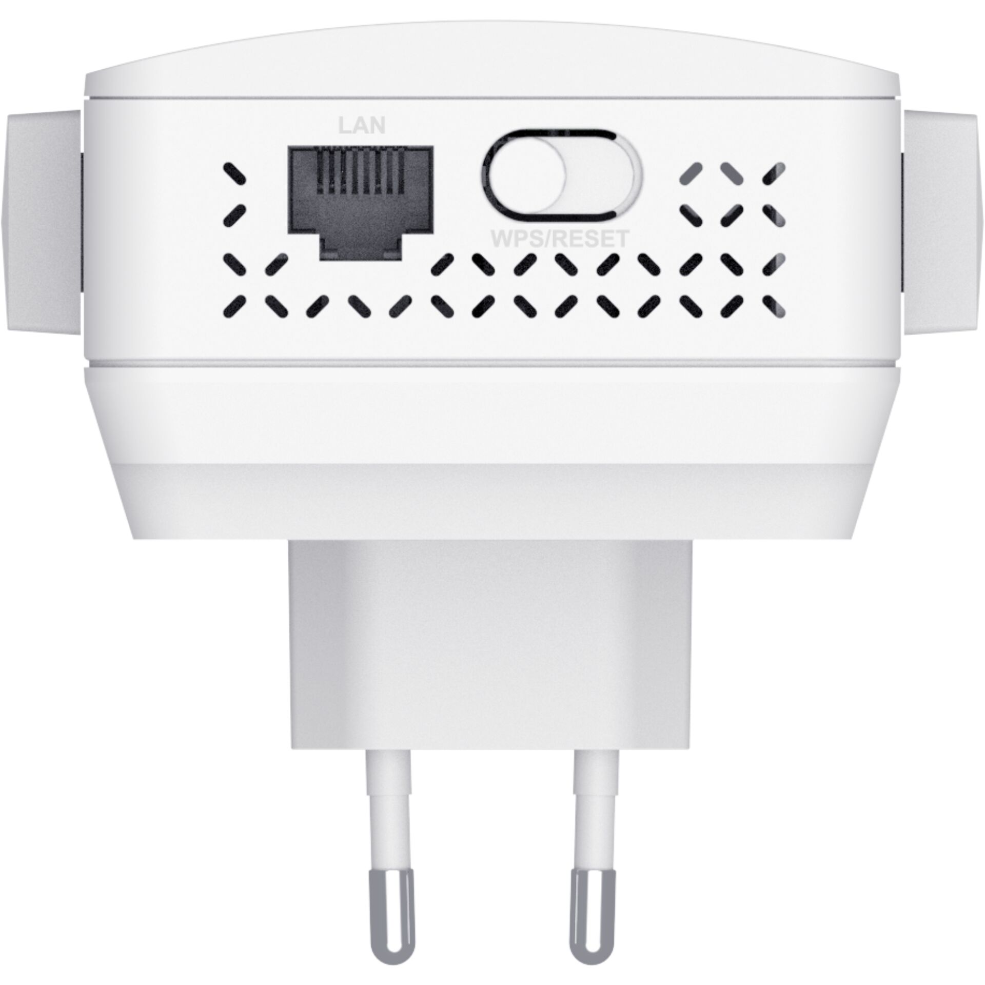 EU-Stecker, Weißer Adapter, LAN-Port, Reset-Taste, Belüftungslöcher