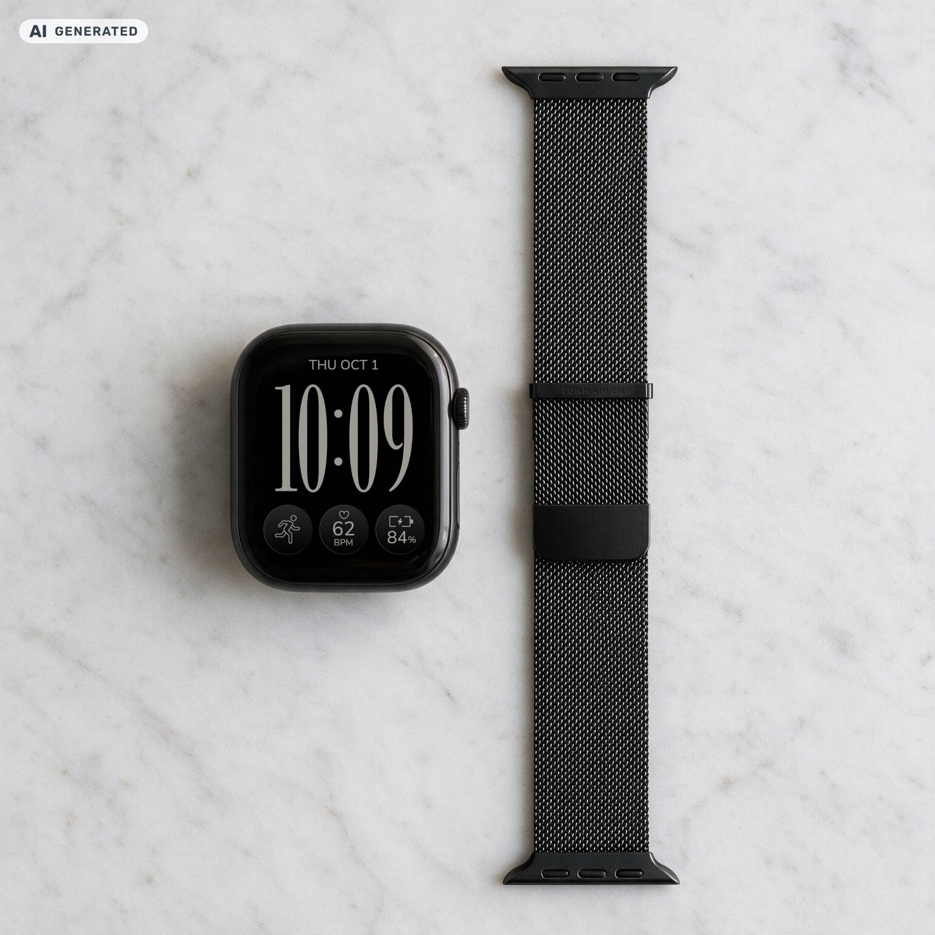 Smartwatch-Armband, Edelstahlarmband, Milanaise-Geflecht, Schwarz, Magnetverschluss