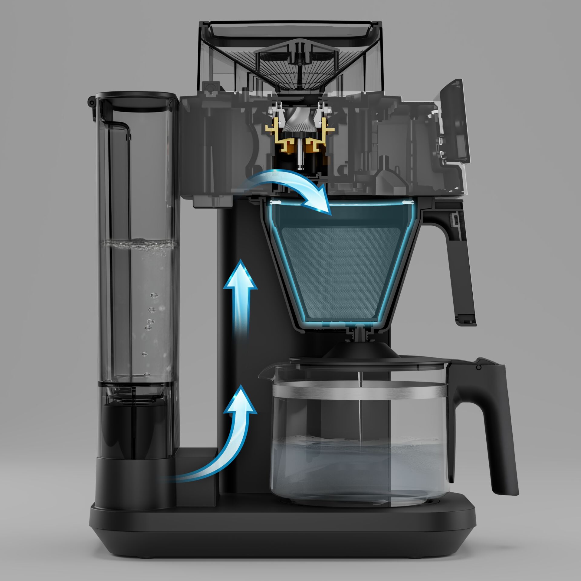 Filterkaffeemaschine, schwarz, Glaskanne, Wassertank, Kaffeefilter
