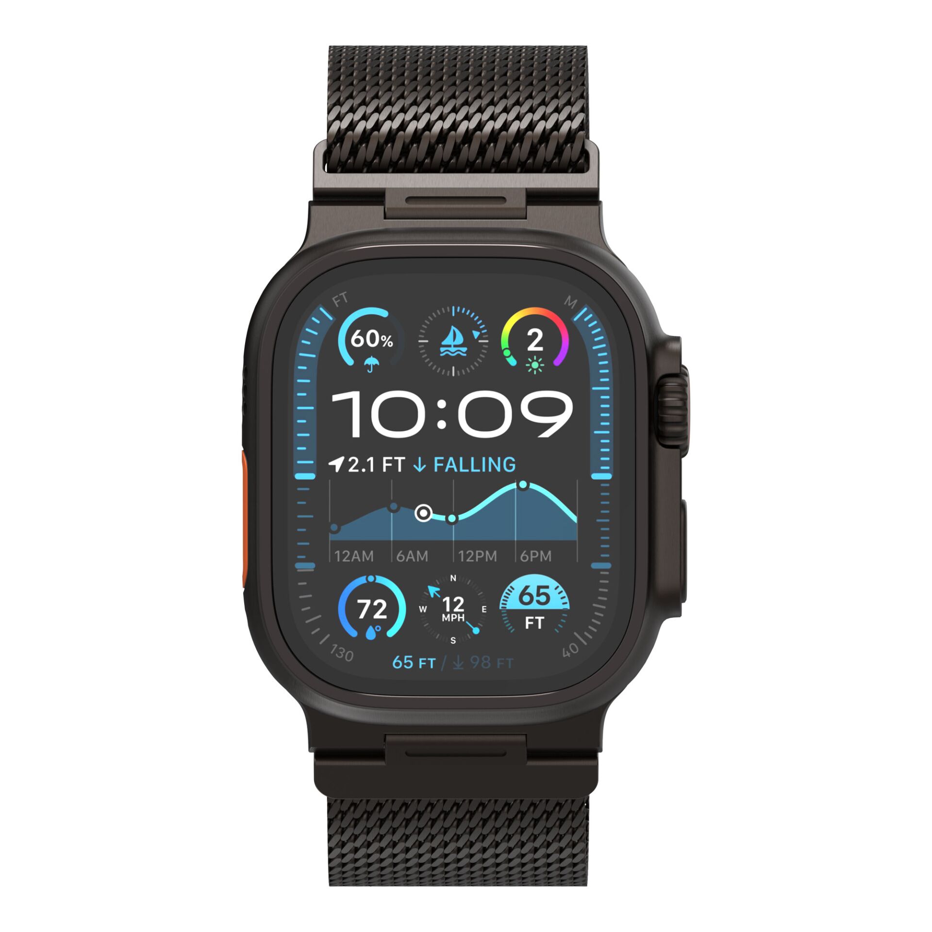 Smartwatch, Digital display, Metal mesh band, Schwarz, Uhres Gesicht mit Diagrammen
