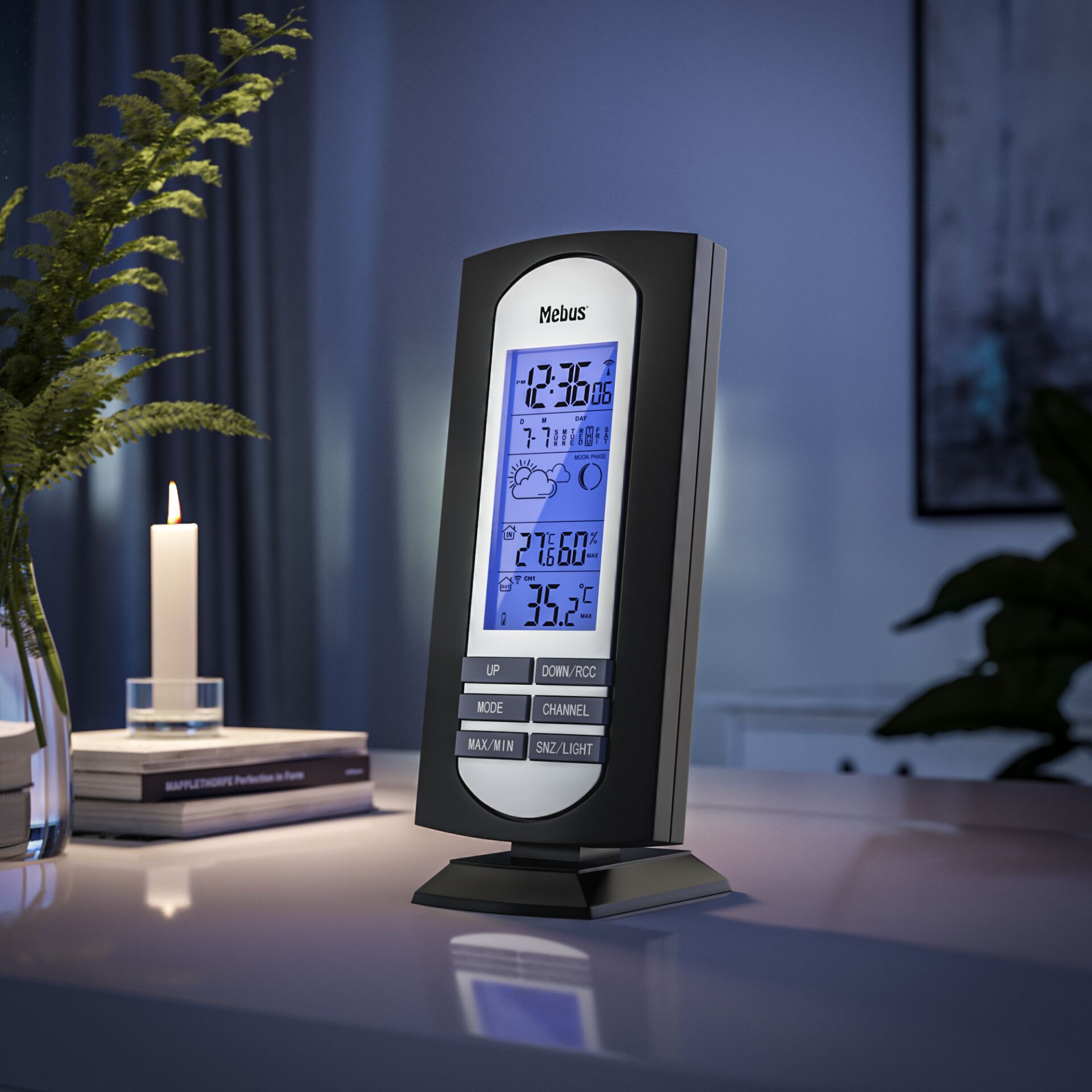 Tischuhr, Digitaluhr, Wetterstation, Mebus, Display