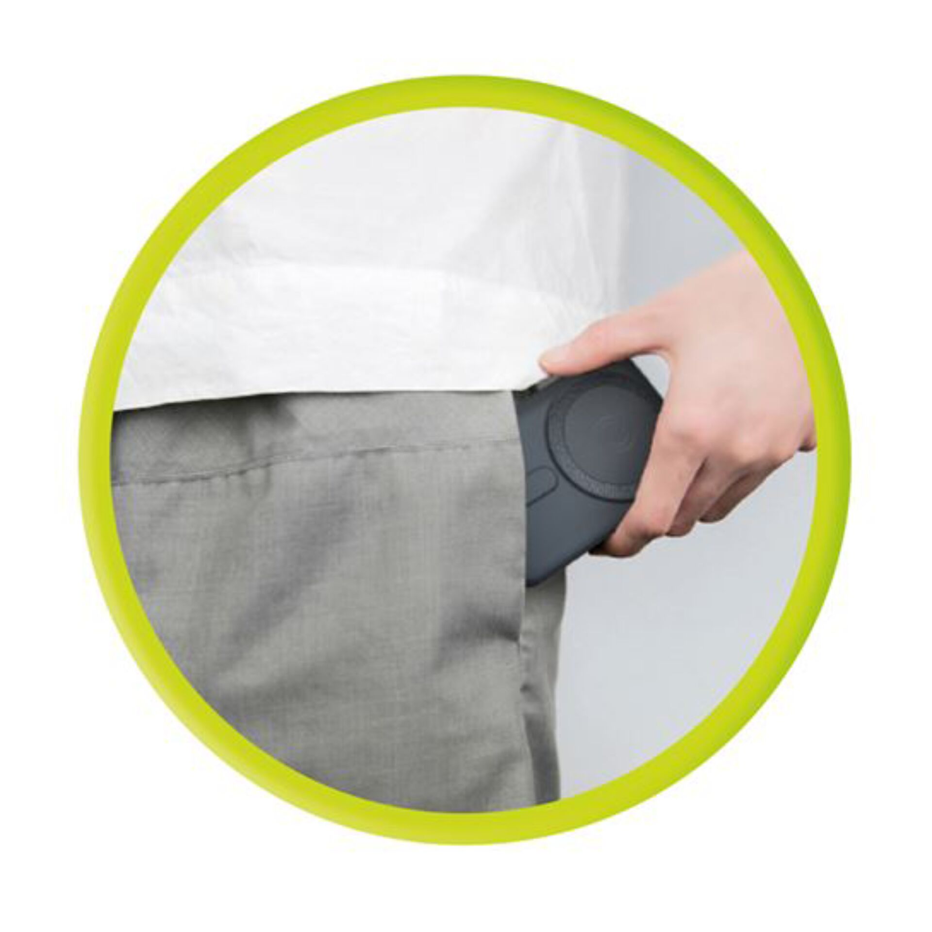 cordless adapter, handheld device, pocket, gray fabric, activate button