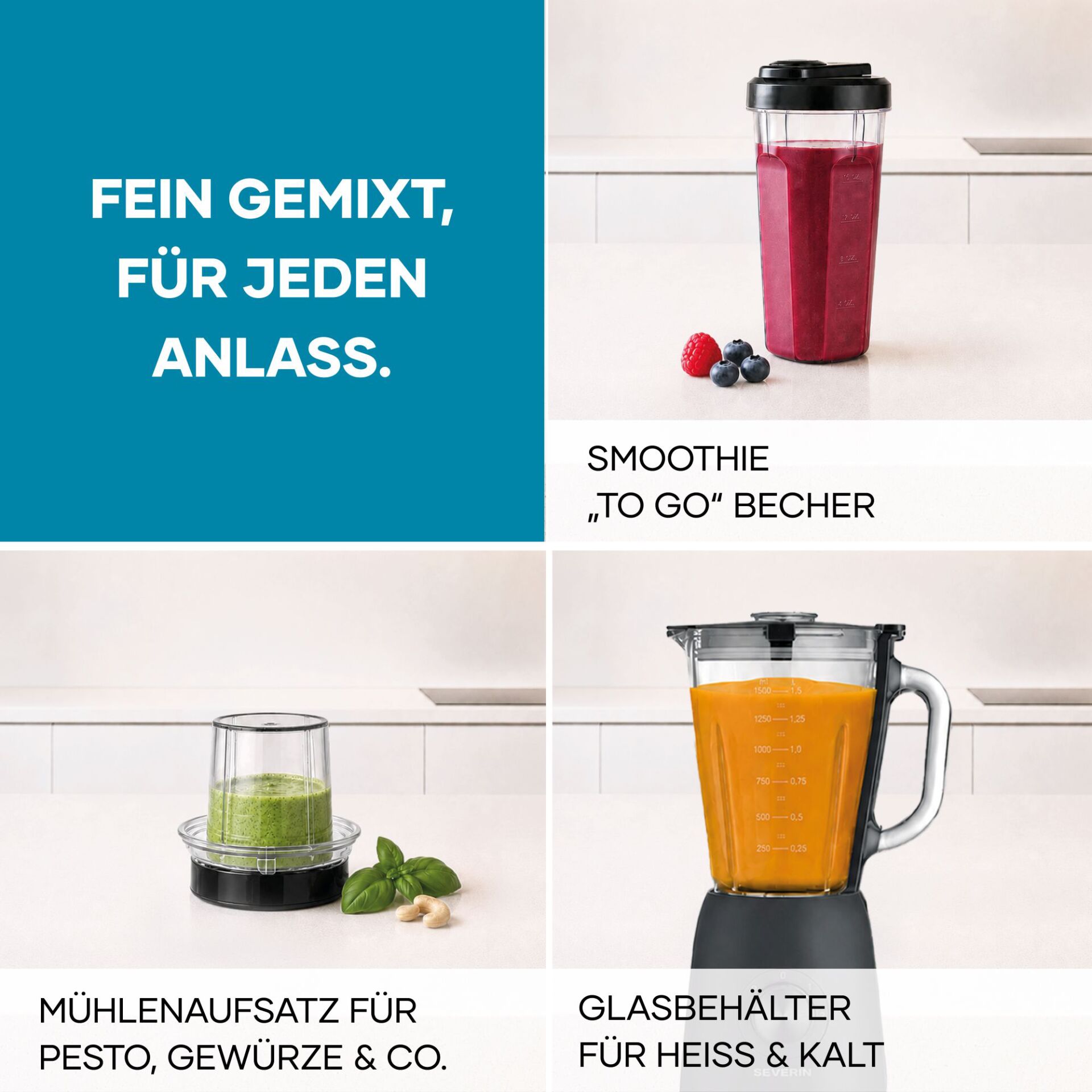 Standmixer, Glasbehälter, To-go-Becher, Mühlenaufsatz, Schwarz