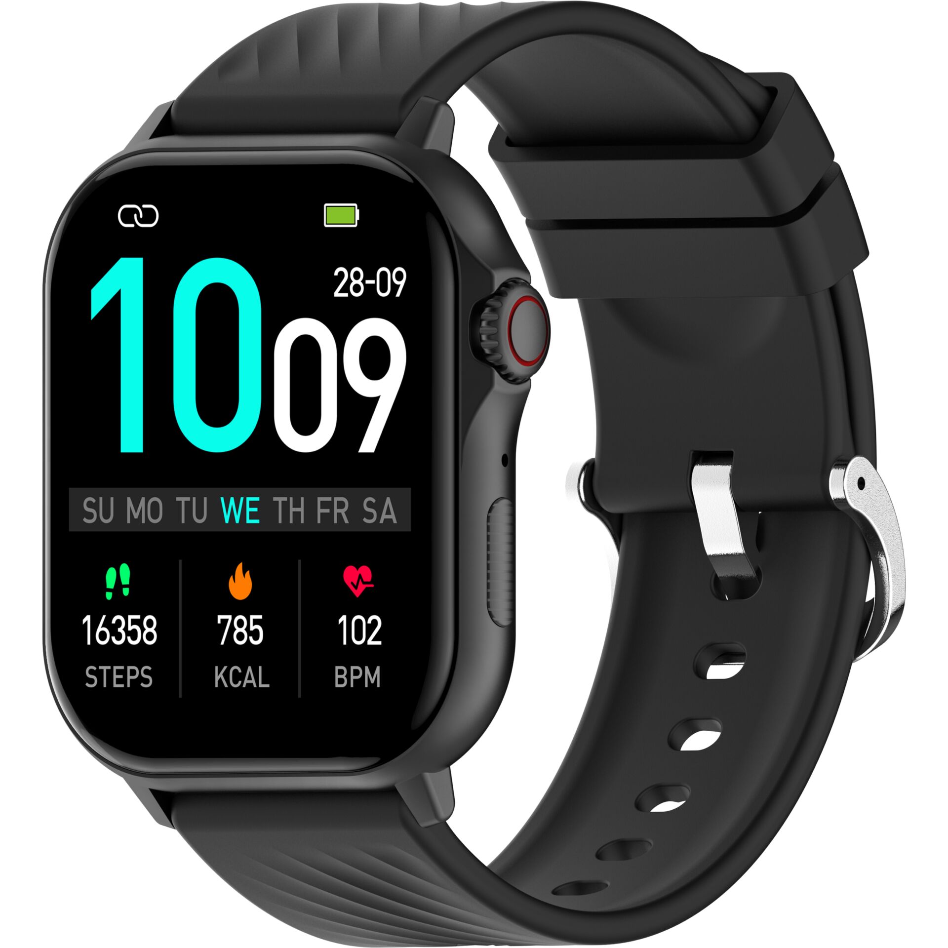 Smartwatch, Schwarzes Armband, Touchdisplay, Herzfrequenzmesser, Schrittzähler