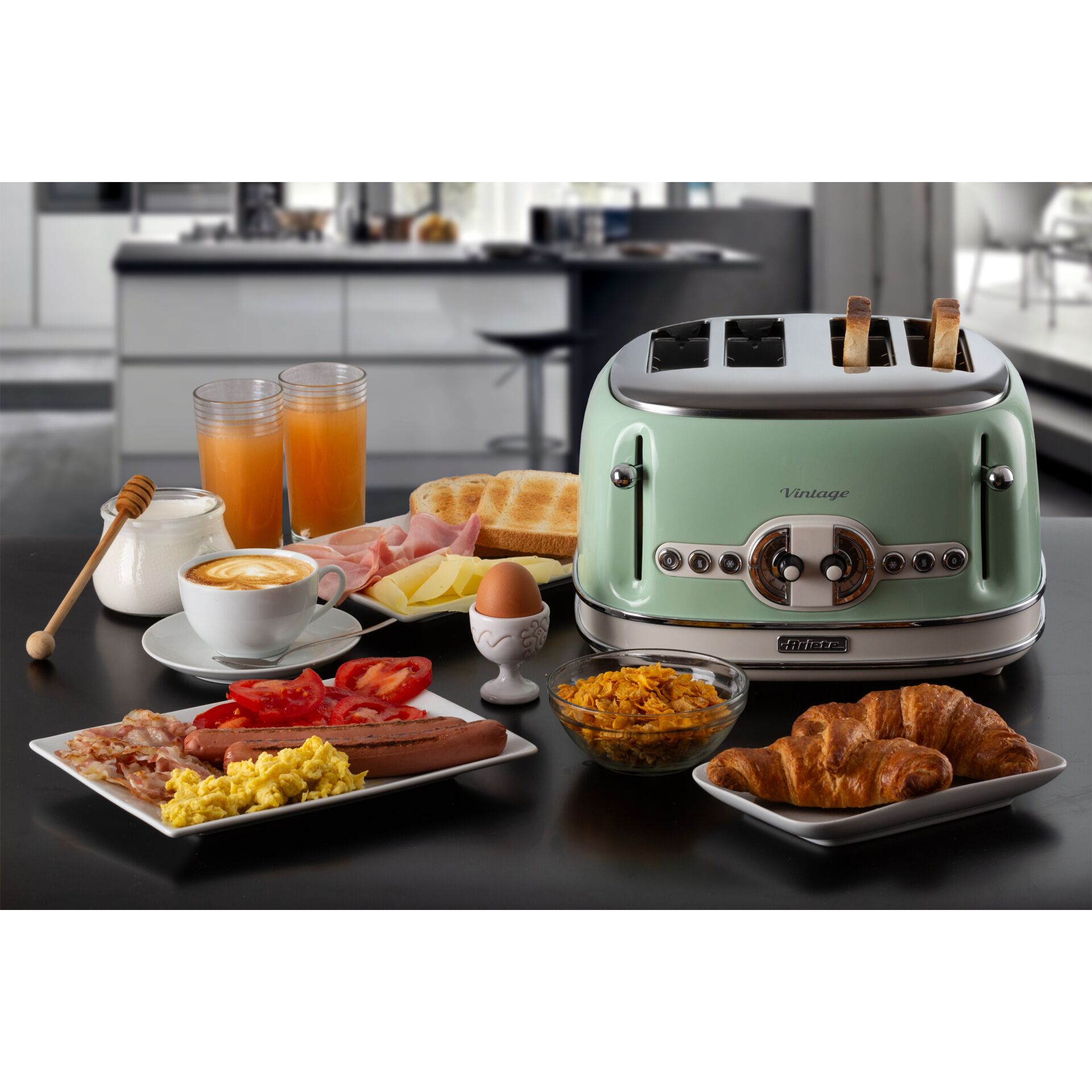Toaster, Küchengerät, Toastbrot, Orangensaft, Croissant