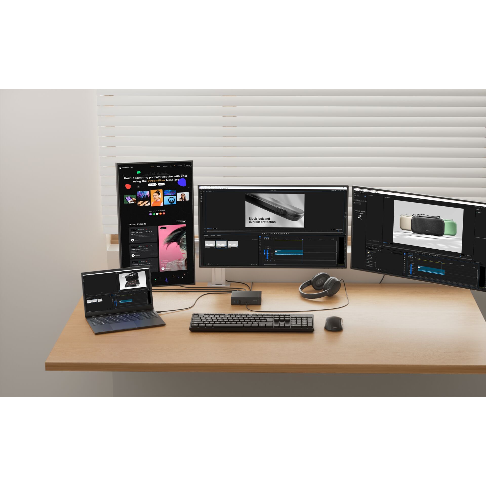 arbeitsplatz, monitor-setup, desk, laptop, kopfhörer