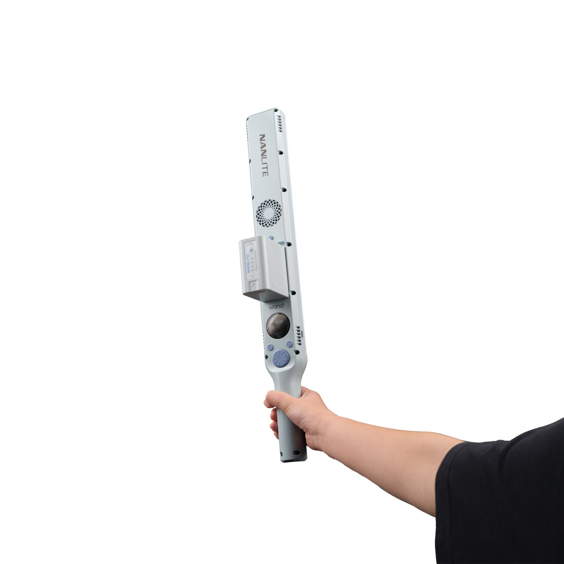 handheld device, wind instrument, white/gray color, plastic, battery-powered