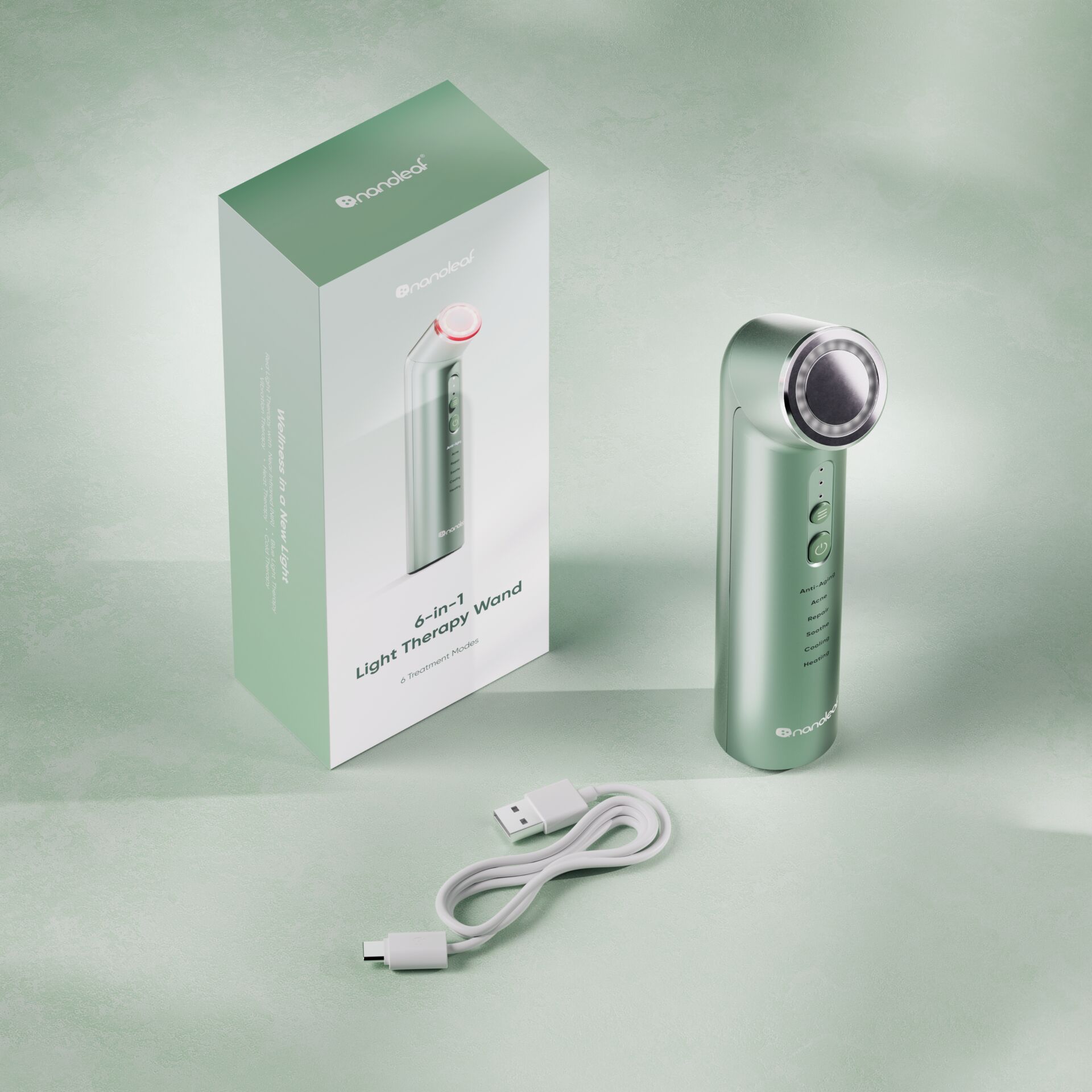 Lichttherapiegerät, Gesichtspflegegerät, Mintgrün, LED-Licht, USB-aufladbar