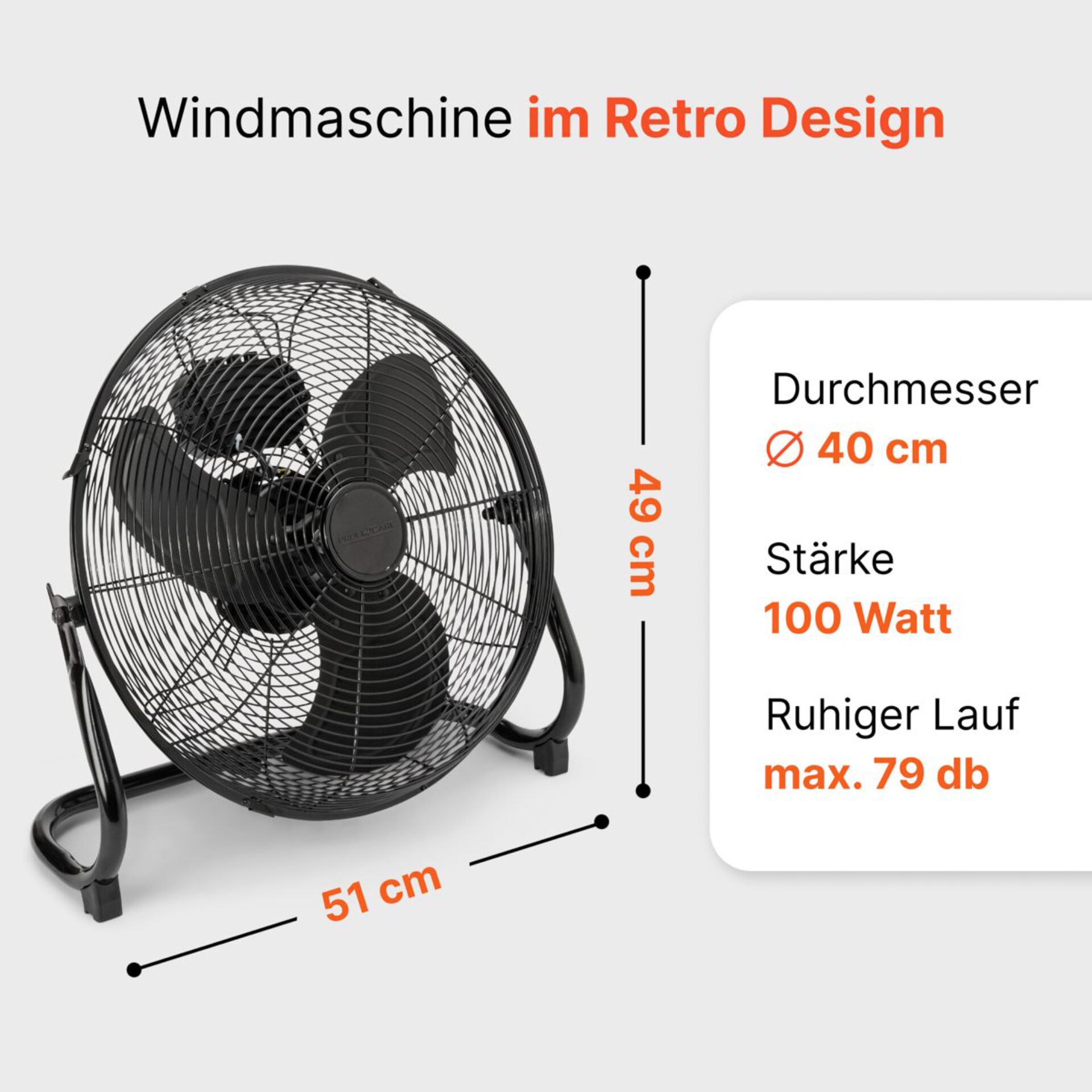 Ventilator, Seitlich montierbar, Metallgehäuse, Schwarz, Lüfterblatt-Design