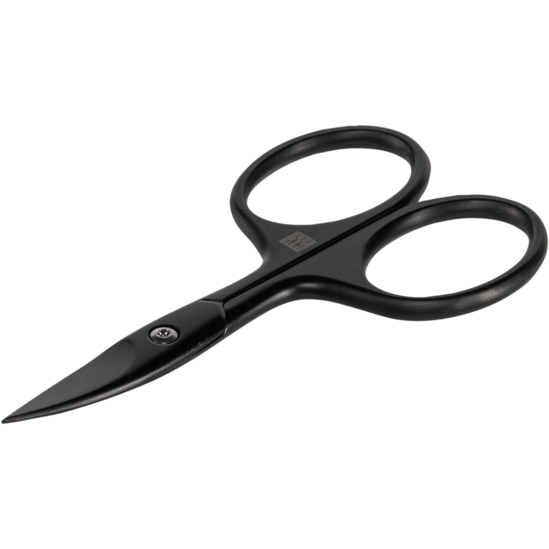 Schere, schwarze Griffe, gebogene Klinge, Metallklingen