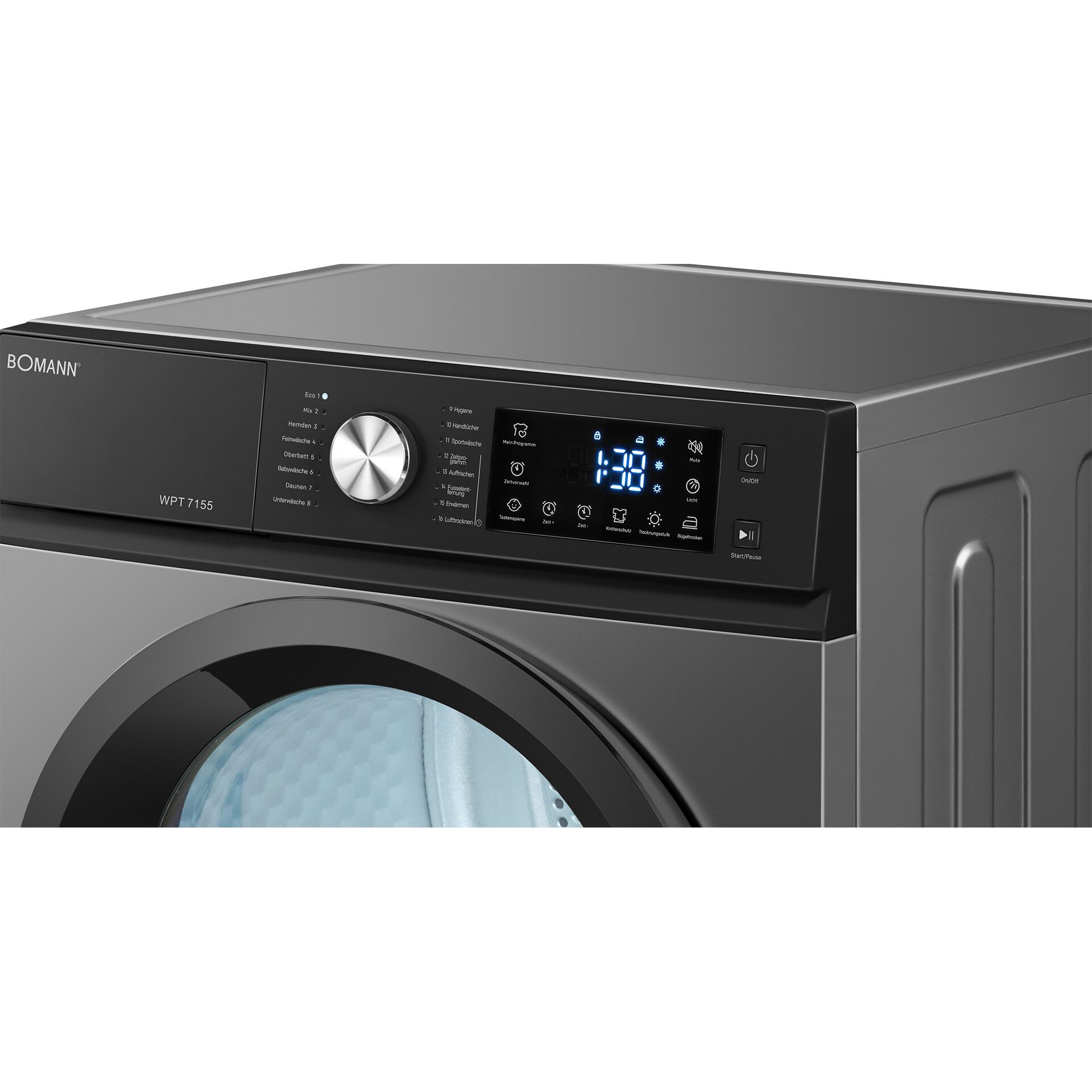Wärmepumpentrockner, Frontlader, Anthrazit, Digitaldisplay, Drehregler