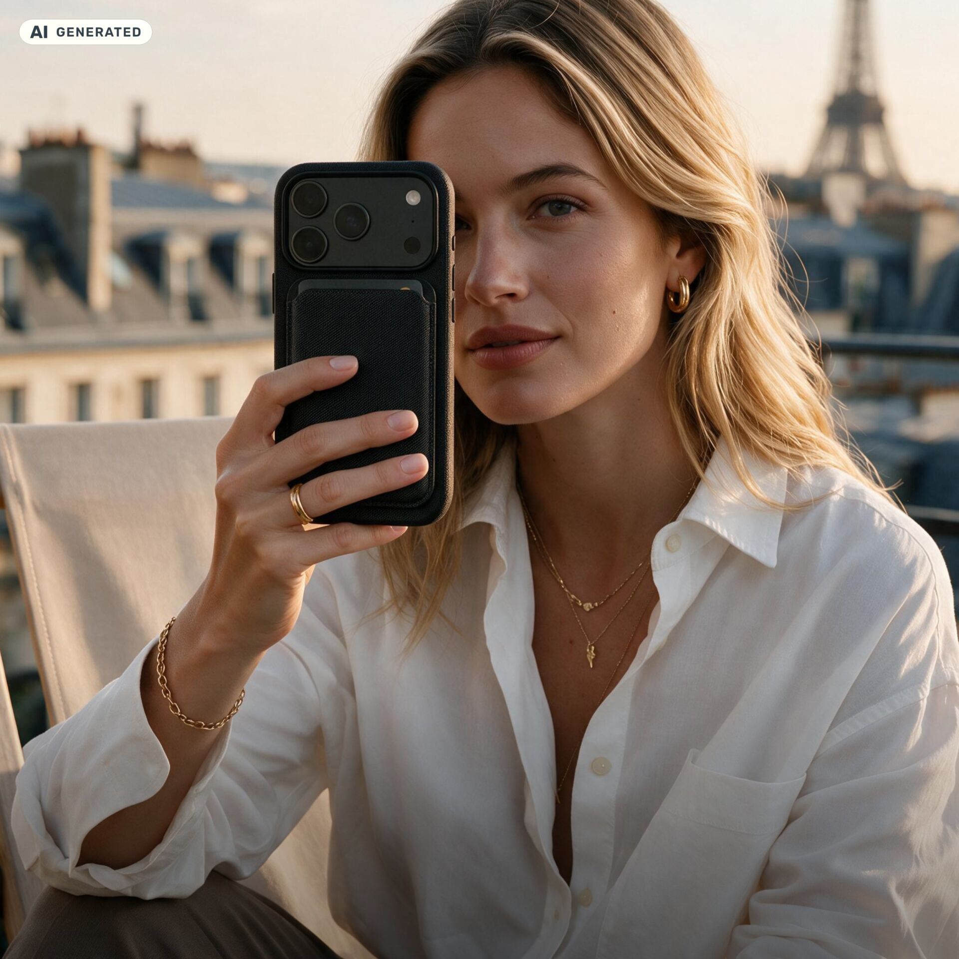 smartphone, Fallmesserung?, woman, gold jewelry, white shirt