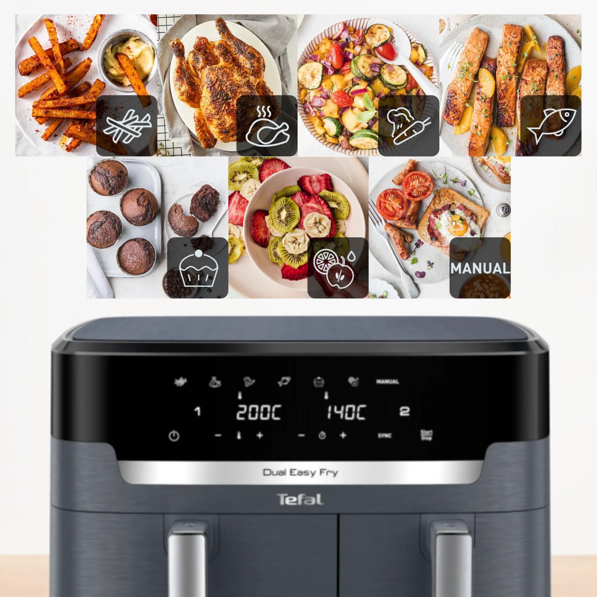 Heißluftfritteuse, Doppelkammer, Digitaldisplay, Schwarz, Edelstahloptik