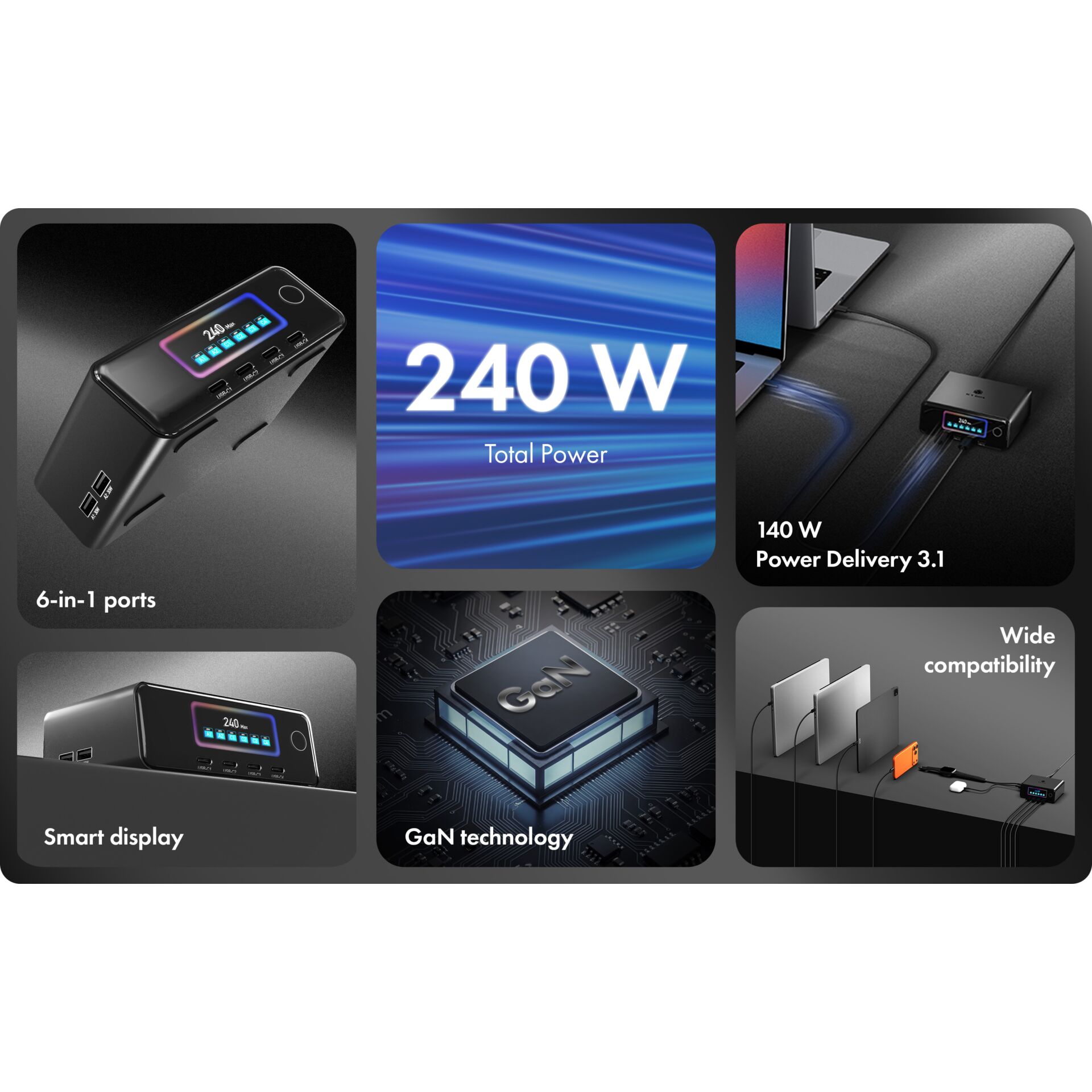 6-in-1 ports, Smart display, 240 W, GaN technology, Power delivery 3.1
