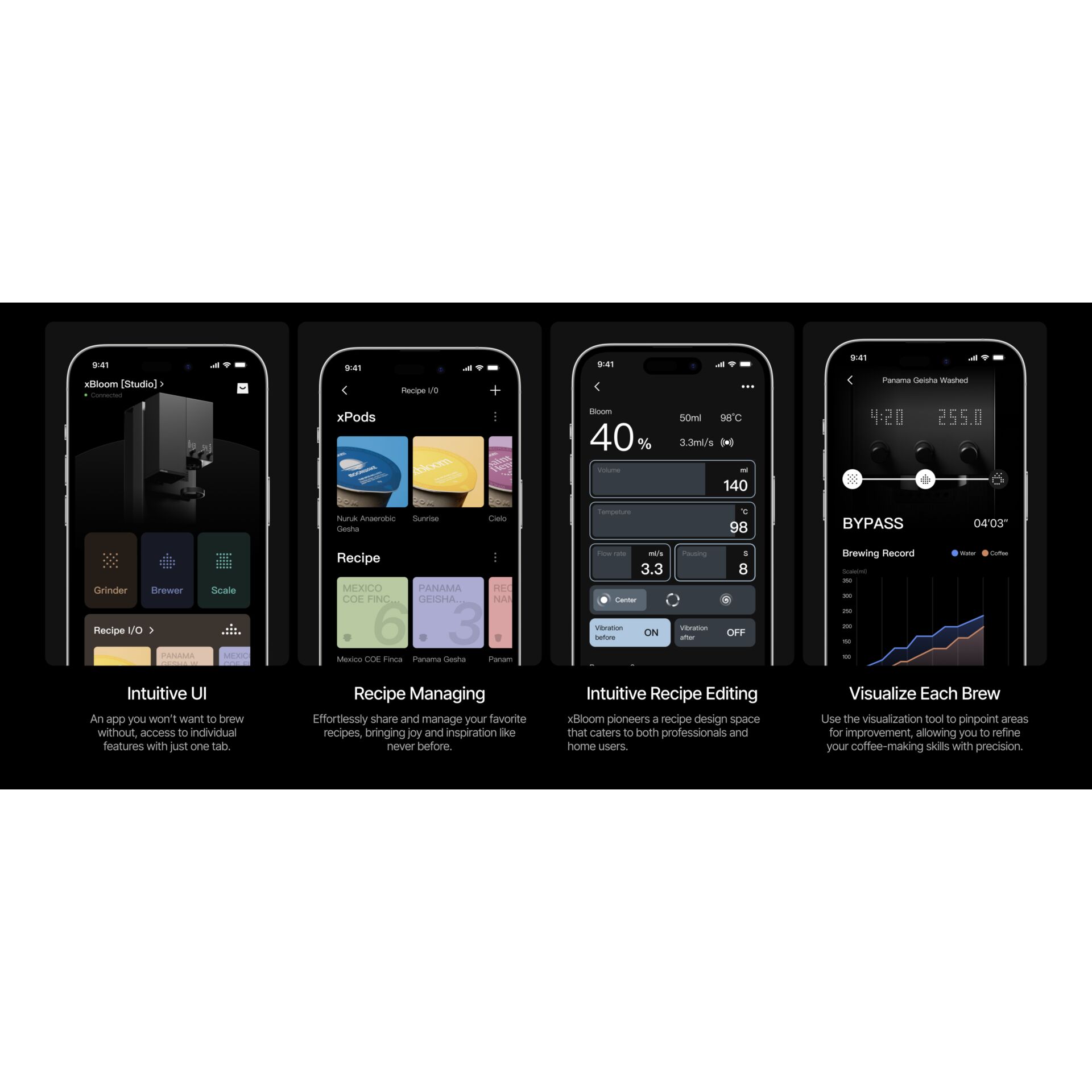 Kaffeeautomat, Espresso, Brühsystem, Schwarze Benutzeroberfläche, Brüh-App