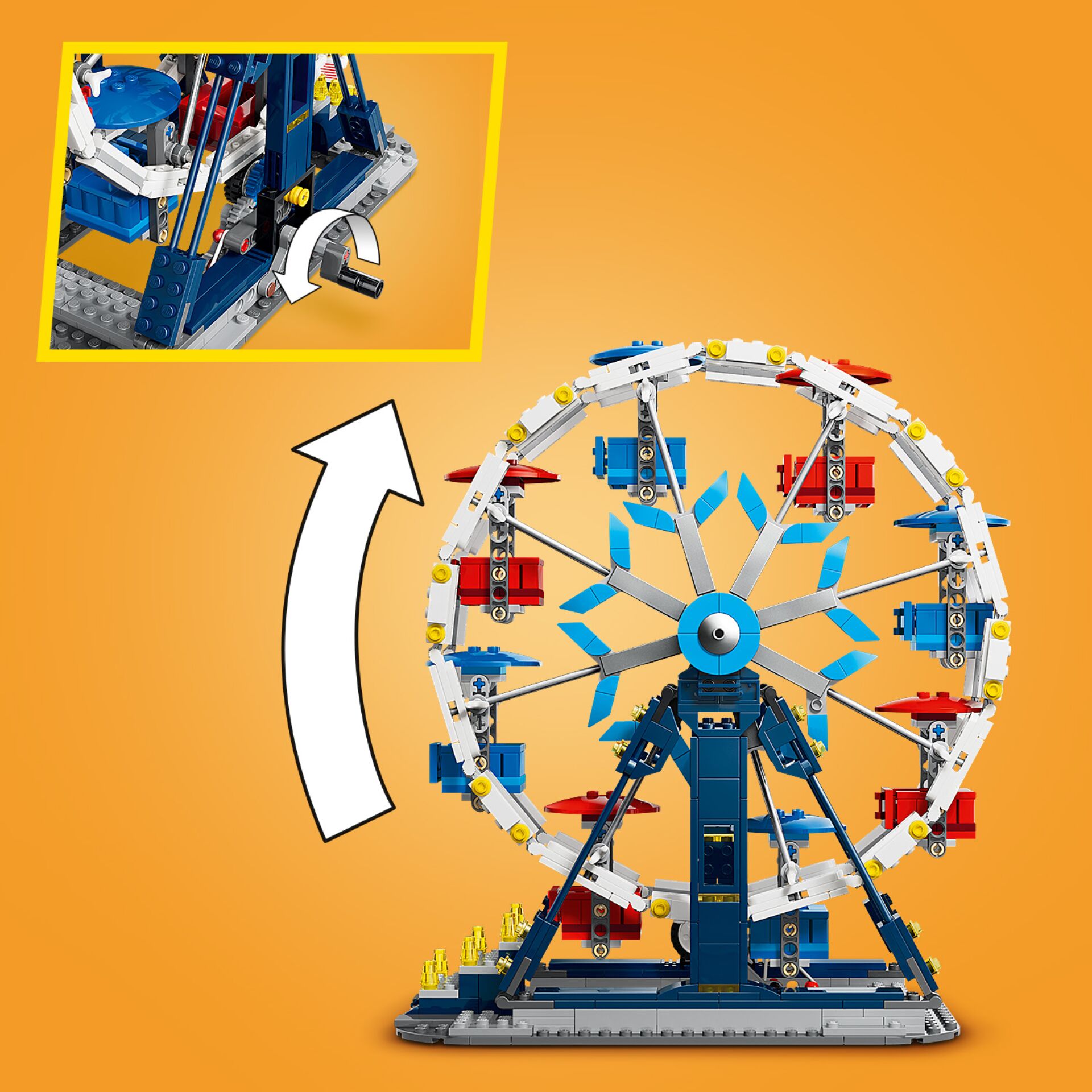 lego, ferris wheel, konstruktionsspielzeug, blau, orangener hintergrund