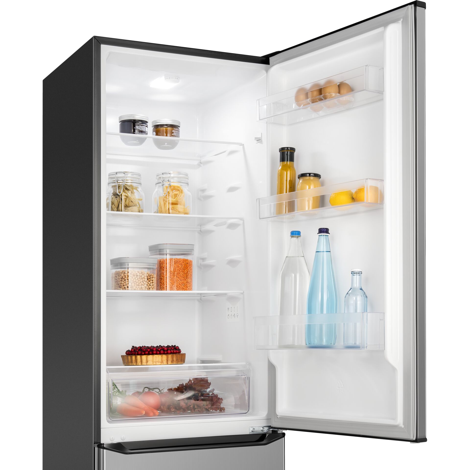 Kühlschrank, Edelstahloptik, schwarzes Gehäuse, Türablagen, Gemüseschublade