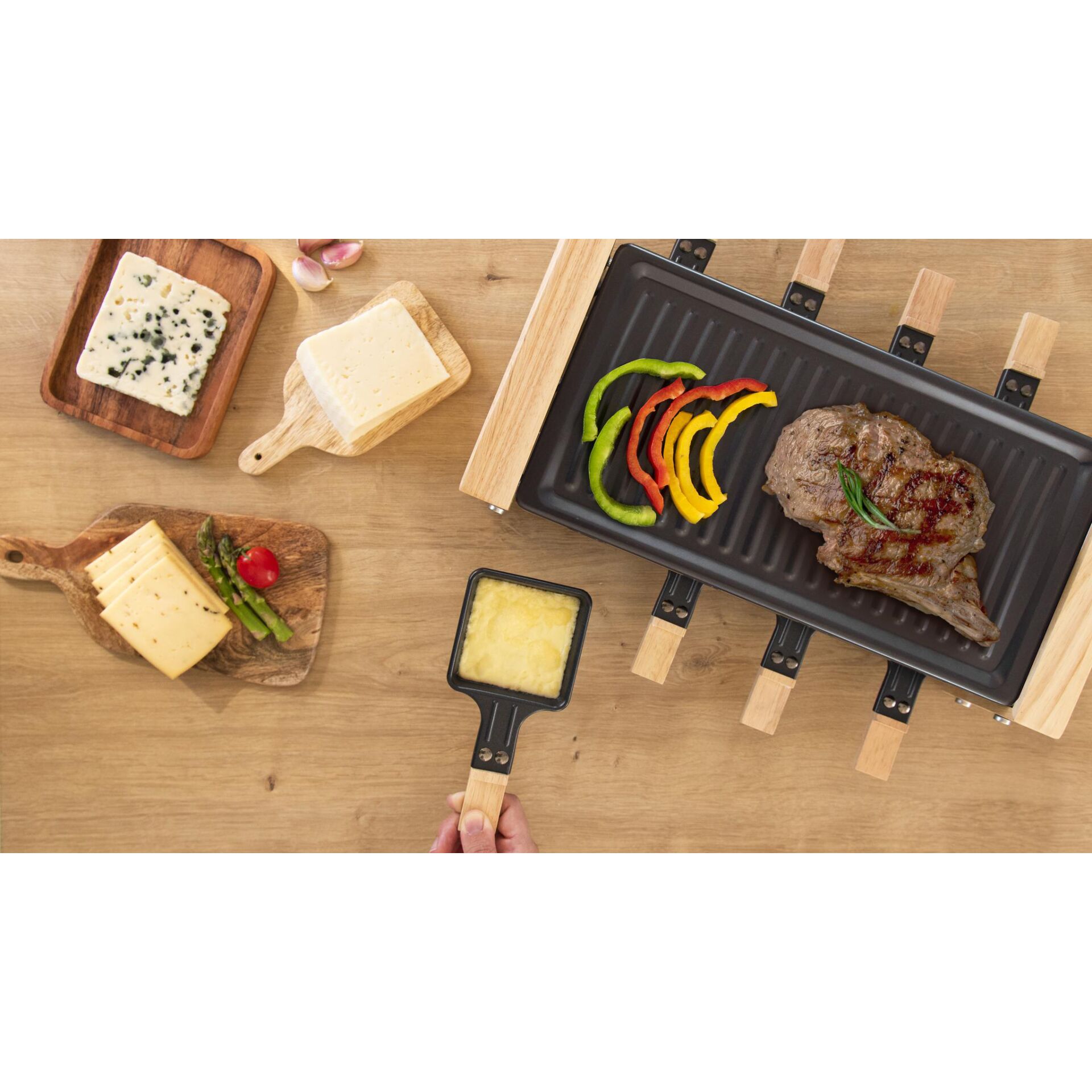 grillplatte, grillpfanne, steak, gemüse, käse