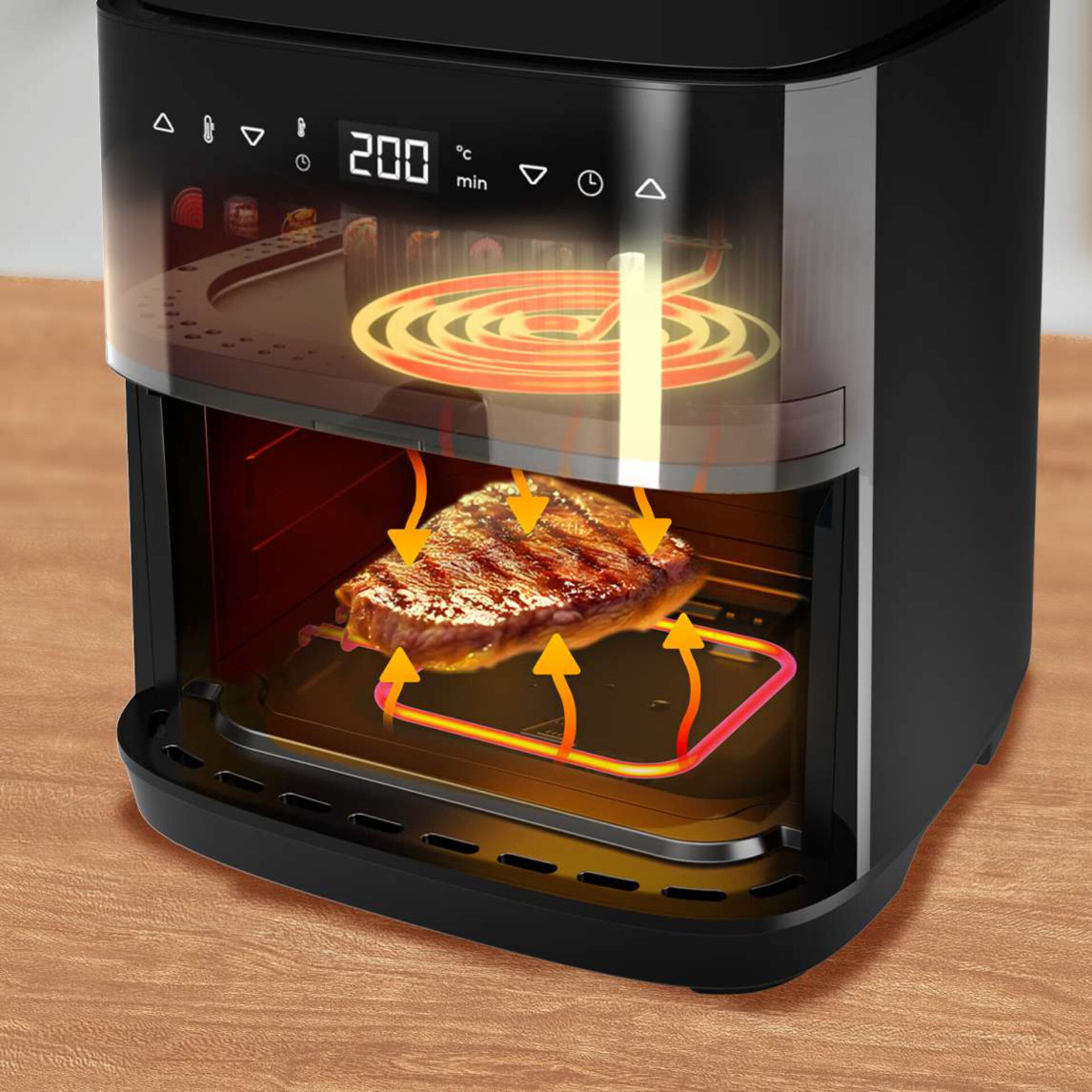 Air fryer, Grillfunktion, Backofen, Schweinefleisch, Thermostat 200°C